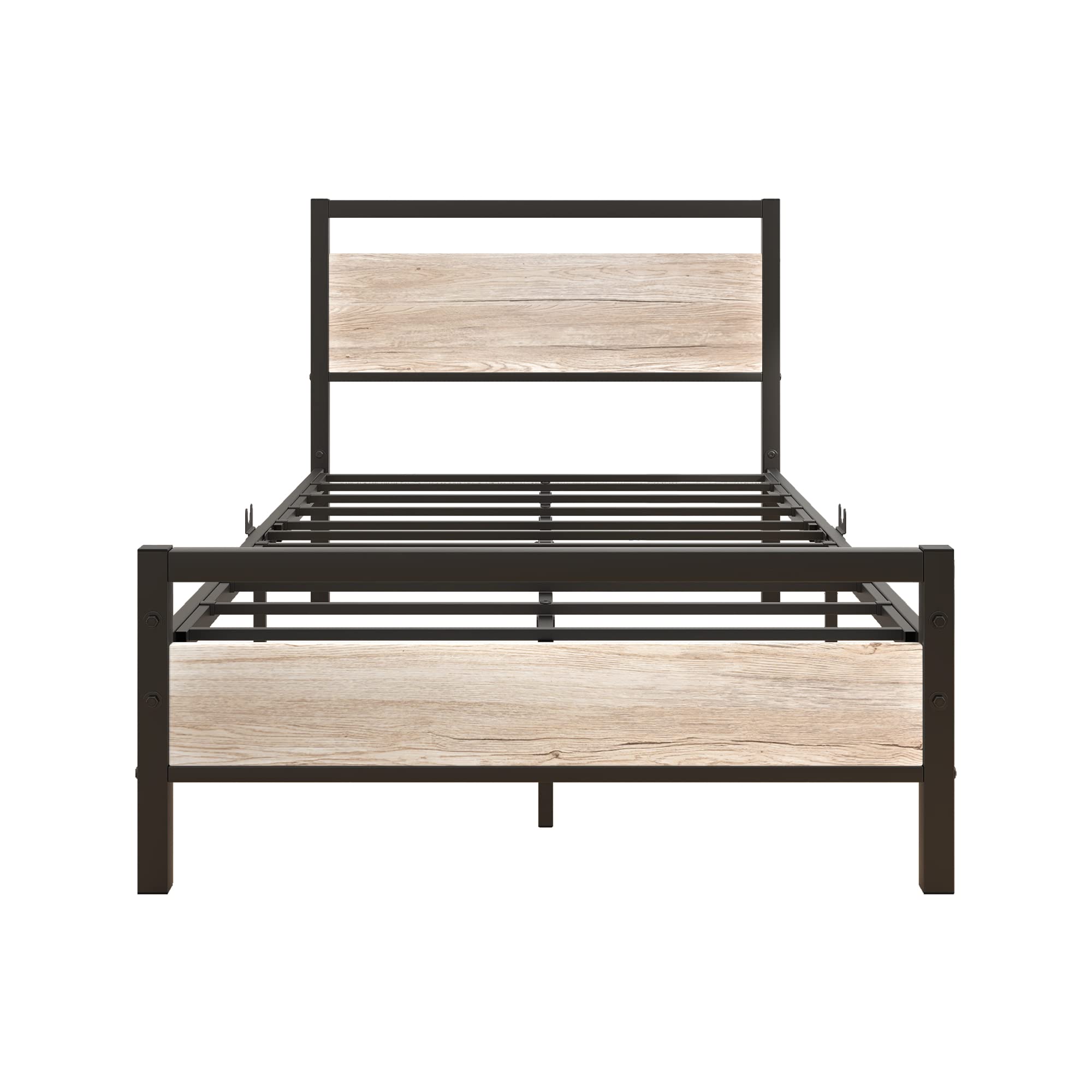 BOFENG Twin Bed Frame with Wood Headboard - Heavy Duty Metal Platform Bed with Steel Slat Support, No Box Spring Needed - Farmhouse Style Bed Frame in Natural Oak - Perfect for Guest Rooms, Dormitories & Small Spaces