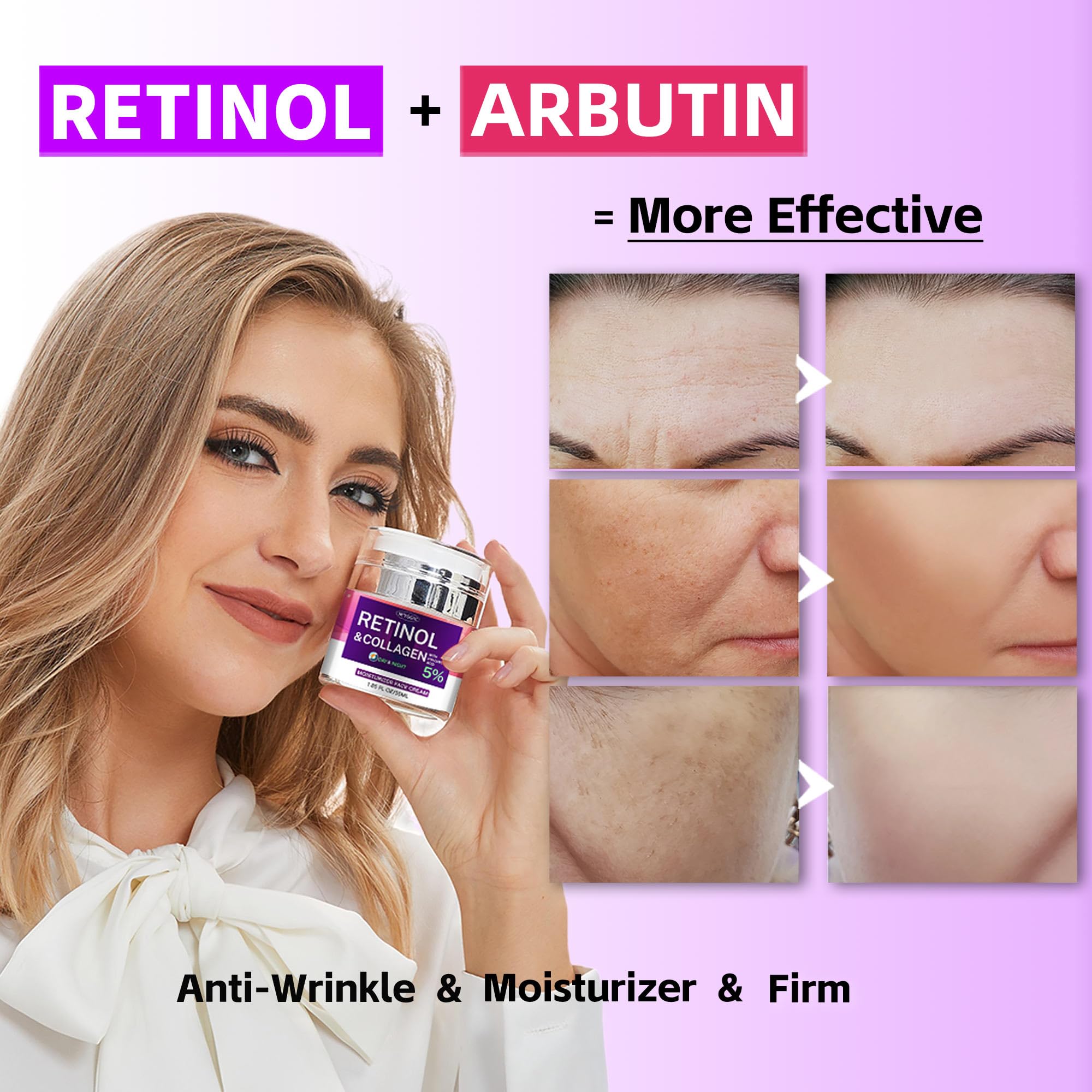 Best Collagen & Retinol Face Cream with Hyaluronic Acid & Arbutin - Anti-Aging Day & Night Moisturizer for Women & Men - Reduces Wrinkles on Face & Neck - 1.85 Fl Oz - Perfect for Daily Skincare Routine & Travel