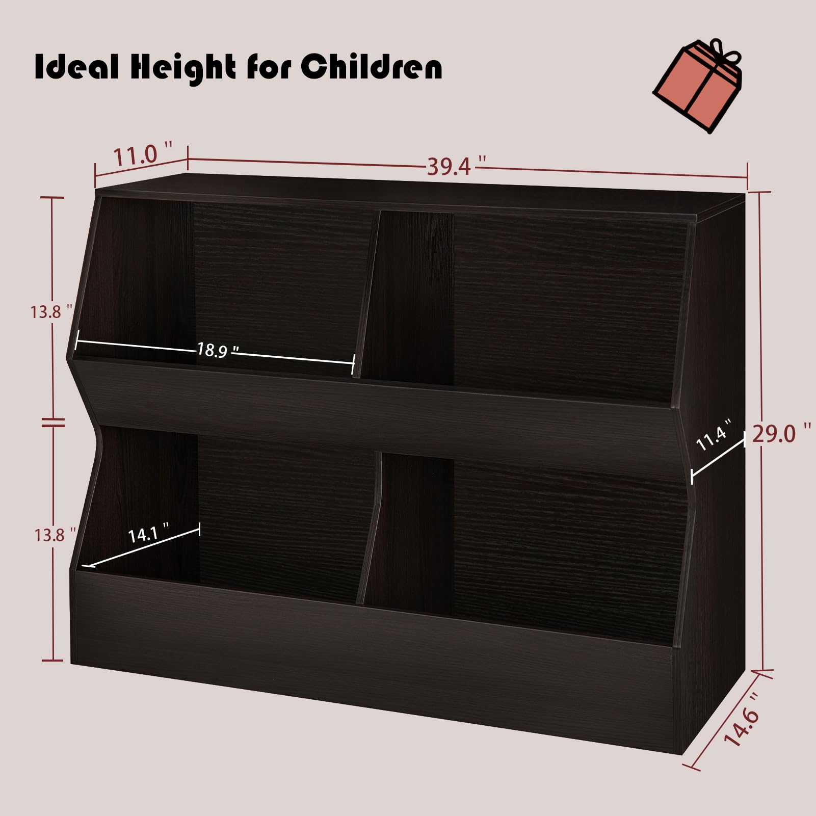 DINZI LVJ 2-Tier Wooden Bookshelf - 4 Cubby Toy Storage Organizer for Bedroom, Nursery, Hallway & School - 39.4 Inch Long - Perfect for Kids' Room Organization & Home Decor