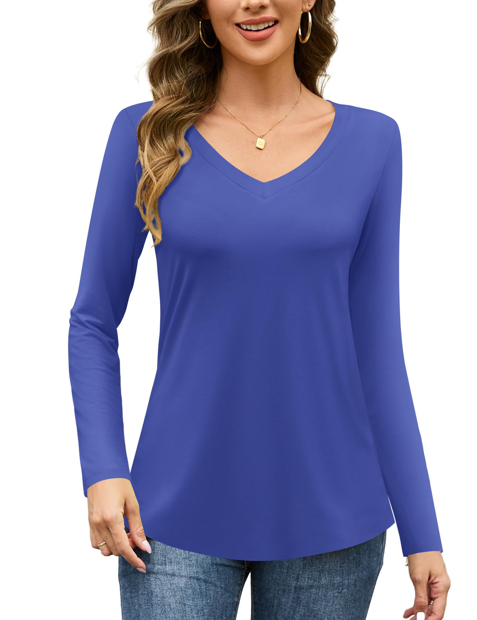 Amoretu Women's Long Sleeve V-Neck T-Shirts - Casual Loose Fit Blouse Tops for Everyday Wear, Work & Weekend Outfits