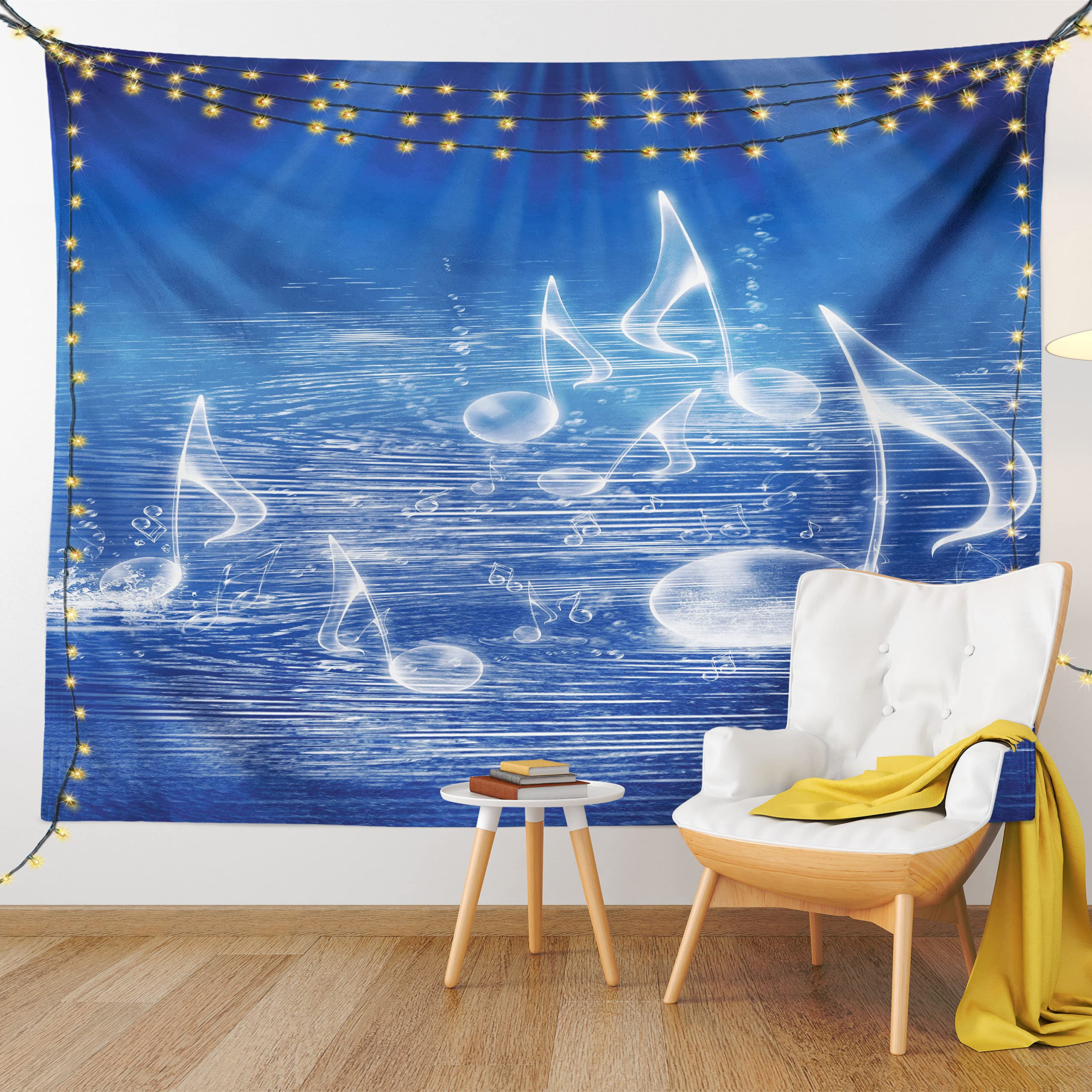 Ambesonne Music Themed Tapestry - Water Musical Notes & Dancing Waves Fantasy Design, Blue & White Fabric Wall Hanging Decor for Bedroom, Living Room, Dorm (45