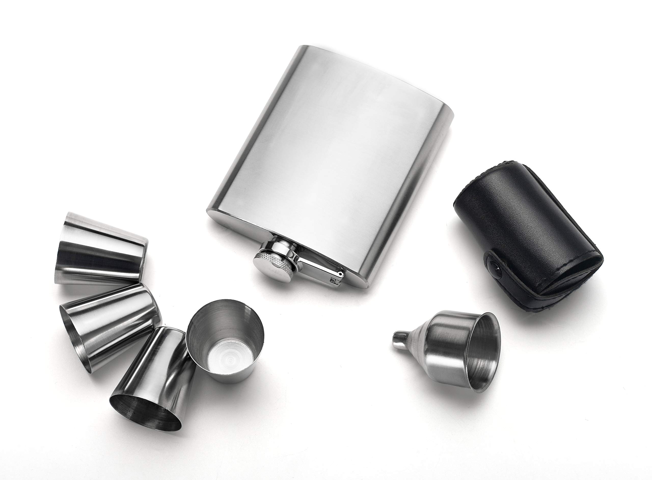 Premium Stainless Steel 7 oz Liquor Hip Flask Set with Funnel, 4 Shot Glasses & Leather Pouch - Perfect for Outdoor Adventures, Camping, Parties & Gifts