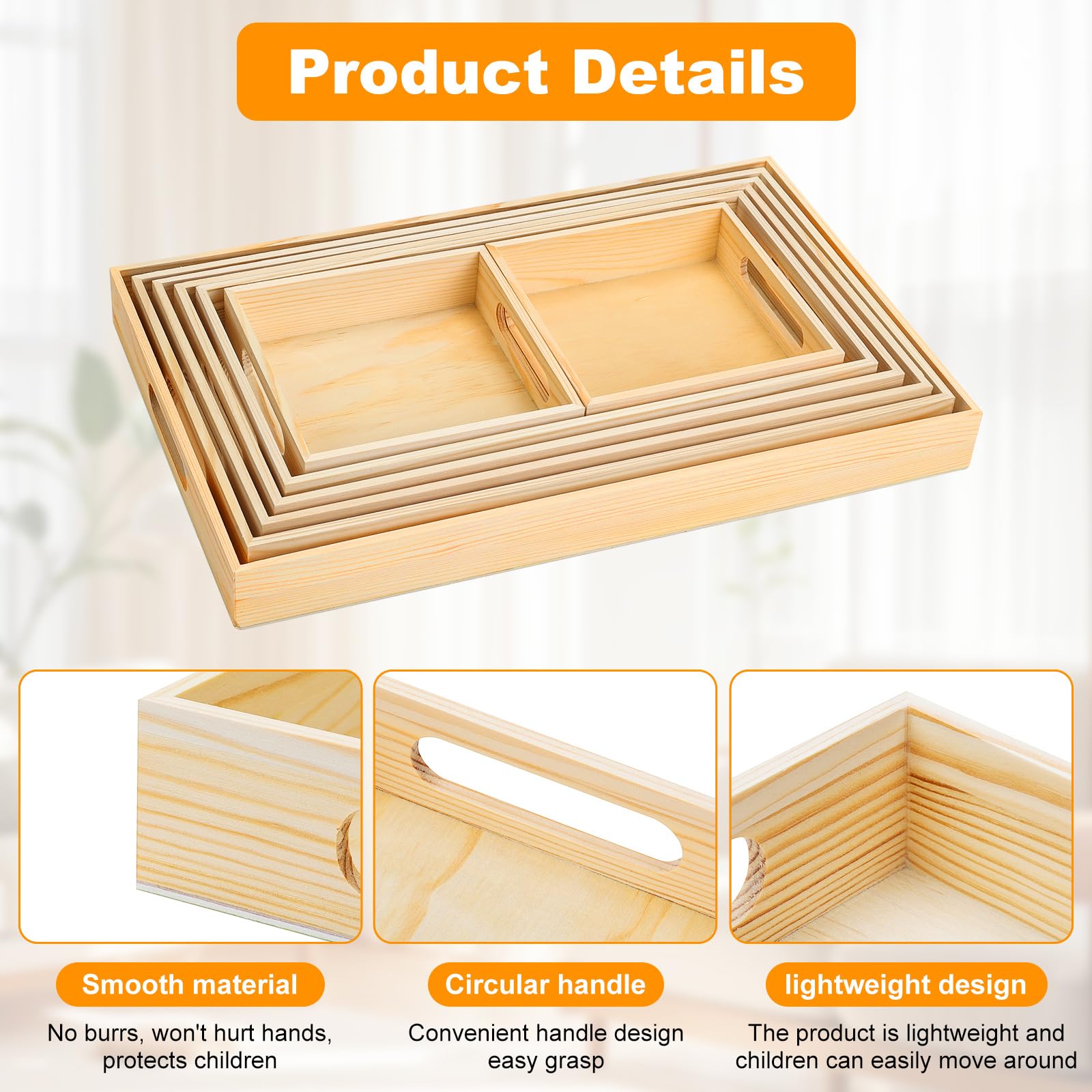 PONGJA 7-Piece Unfinished Wooden Serving Trays with Handles - Natural Wood Nested Breakfast & Snack Trays for Crafts, Montessori, Home Decor, Kitchen, Party & Dinner - Perfect for Kids' Activities, Entertaining Guests & Stylish Food Presentation