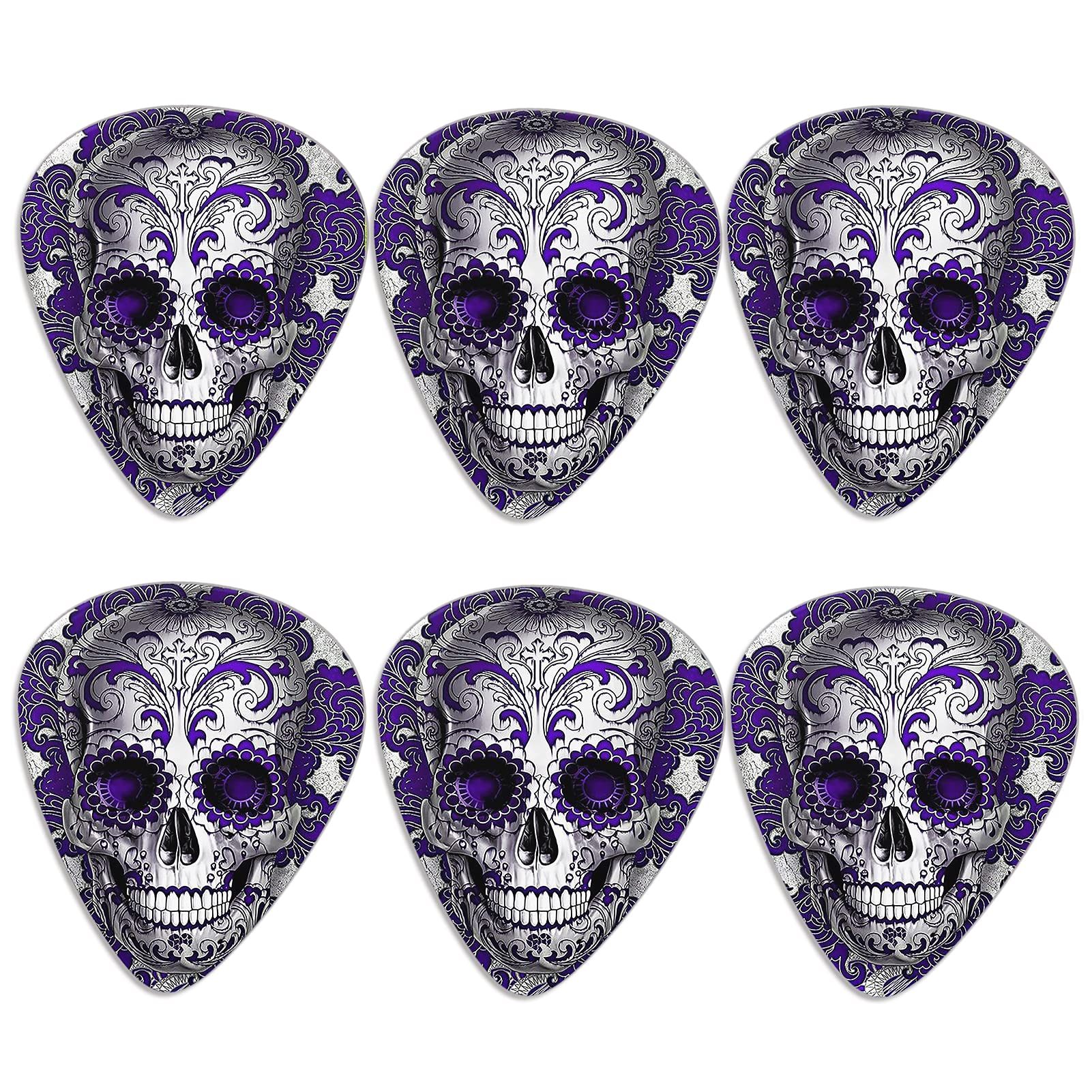 KEIAHUAN 6-Pack Sugar Skull Guitar Picks - 0.96mm Medium Thickness for Bass, Electric & Acoustic Guitars - Durable Plectrum for Strumming, Picking & Professional Performances