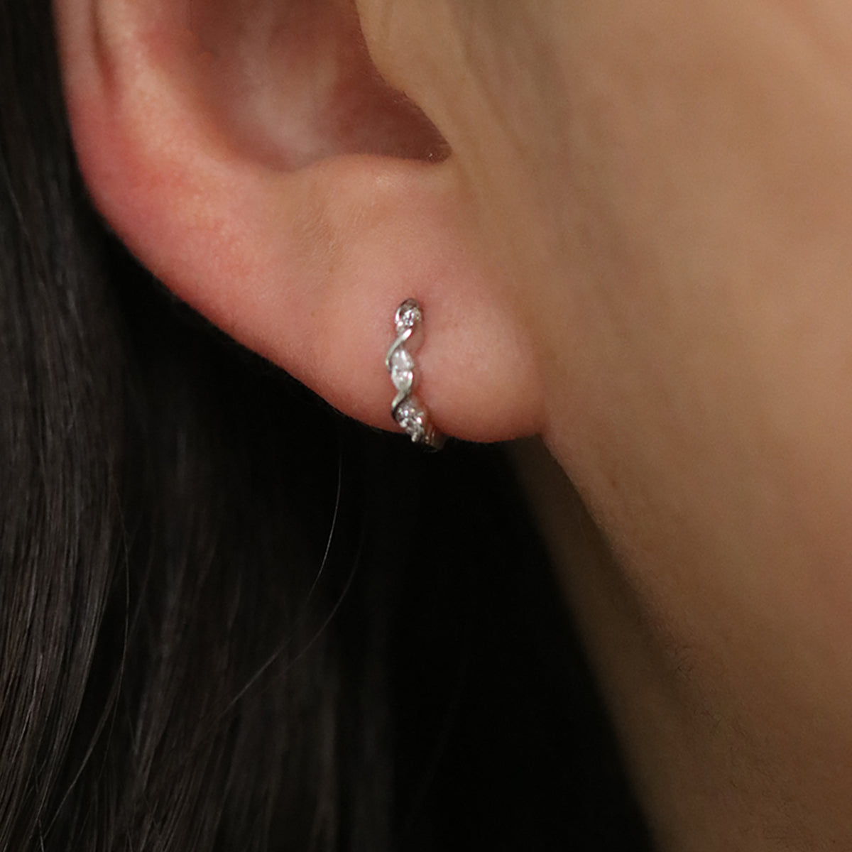 White Topaz Twirl Huggie Earrings for Women – Dainty & Elegant Hoop Earrings – Perfect for Everyday Wear, Parties & Gifts