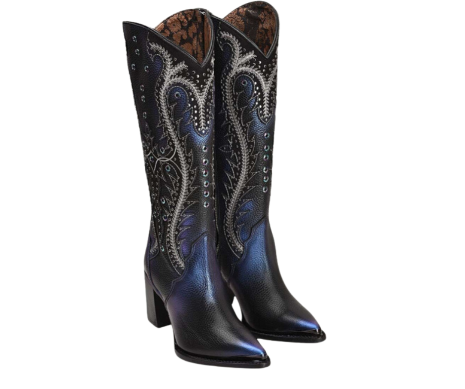 Women's Cuadra CU727 LD Black Overlay Embroidered Studded Pointed Toe Boots - Perfect for Night Out, Party & Western Fashion