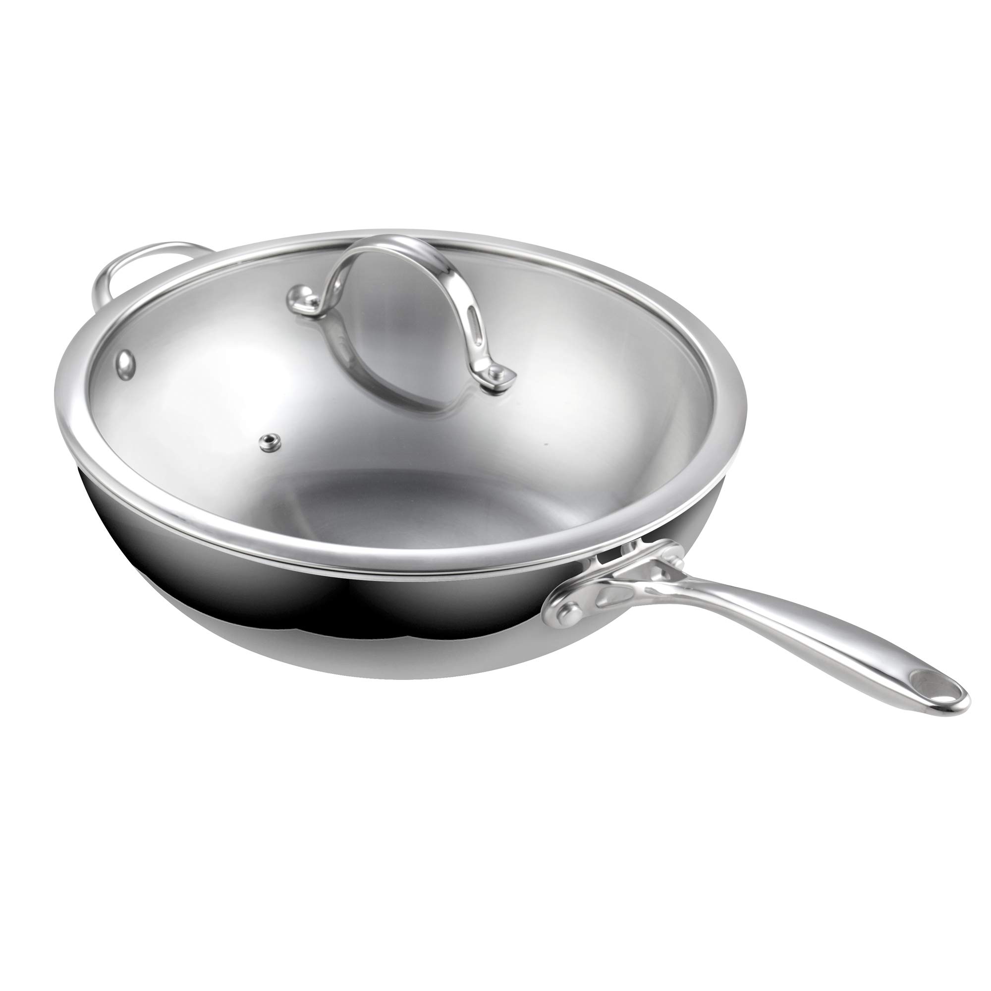 Premium 12-Inch Stainless Steel Wok Pan - Multi-Ply Clad Stir Fry Pan with Glass Lid - Induction Compatible Cookware for Asian Cuisine - Perfect for Stir-Frying, Sautéing & Deep Frying in Home Kitchens