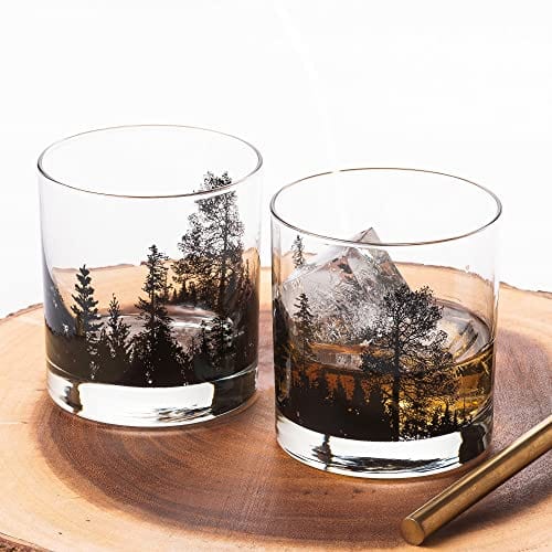 Black Lantern Whiskey Glasses Set of 2 - Old Fashioned Rocks Glasses for Bourbon, Scotch & Whiskey - Elegant Cocktail Glassware with Forest Landscape Design - Perfect for Home Bar, Gifts & Entertaining