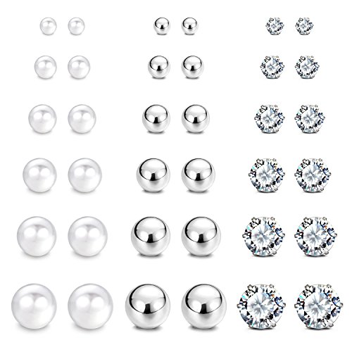 18 Pairs - Faux Pearl + Silver Color Ball + Steel CZ