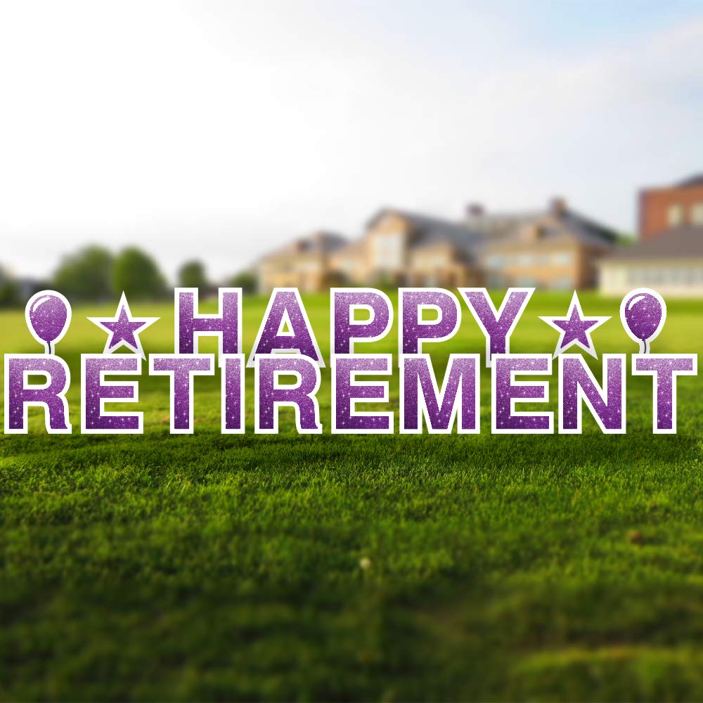 Happy Retirement Yard Sign – 18 Inch Tall Corrugated Plastic Retirement Decor with Stakes & Emojis – Faux Glitter Purple – Perfect for Retirement Parties & Outdoor Celebrations