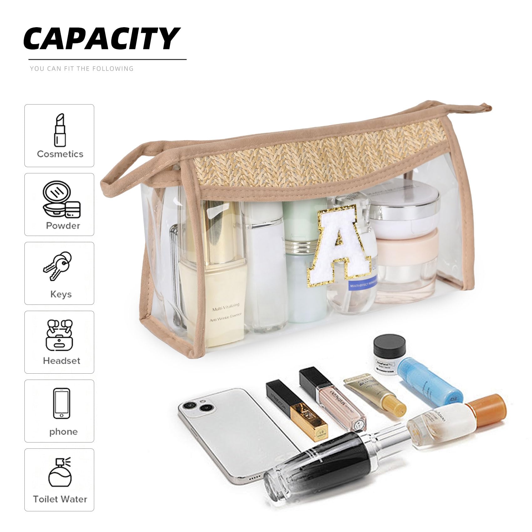 Personalized Clear Letter Cosmetic Bag - Waterproof PVC Makeup Pouch with Chenille Varsity Design for Women | Boho Beach Travel Toiletry Organizer | Perfect for Gym, Vacation & Daily Essentials Storage