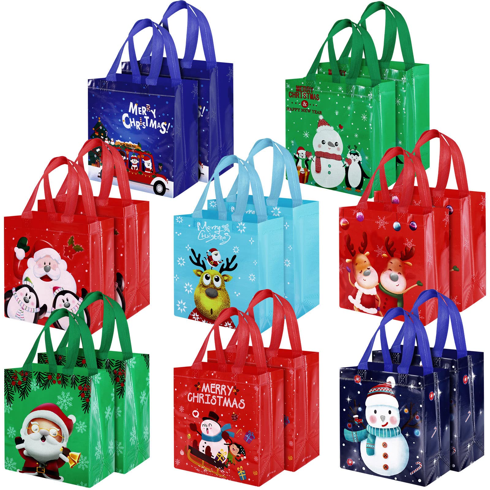 16 Pack Christmas Gift Bags - Reusable Holiday Present Totes with Handles for Xmas Shopping, Treats & Party Favors | Perfect for Santa Gifts, Office Exchanges & Festive Home Decor