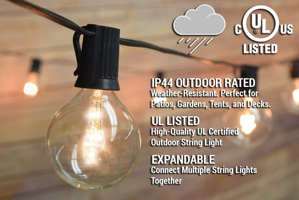 51 FT Shatterproof LED String Lights for Outdoor Patio, 50 Socket E12 C7 Base G40 Bulbs (1 Watt), Black Cord - Weatherproof Party & Garden Decoration Lights by PaperLanternStore.com