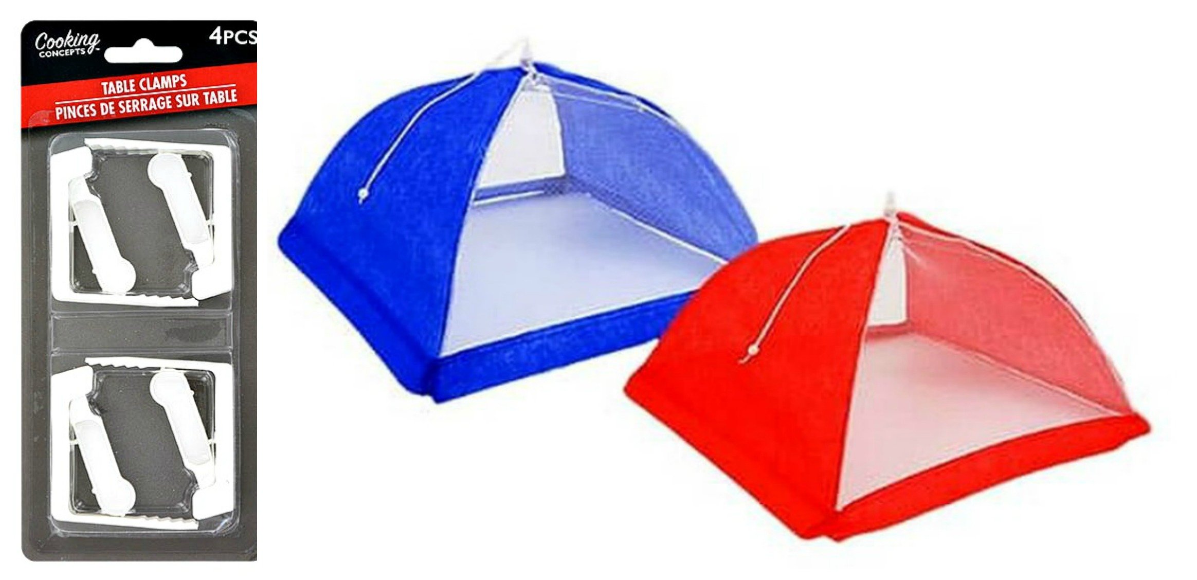 Red and Blue Food Tents with White Table Clamps - 3 Piece Food Safety Cover Set for Buffets, Parties & Outdoor Dining - Keep Insects Away from Food Displays