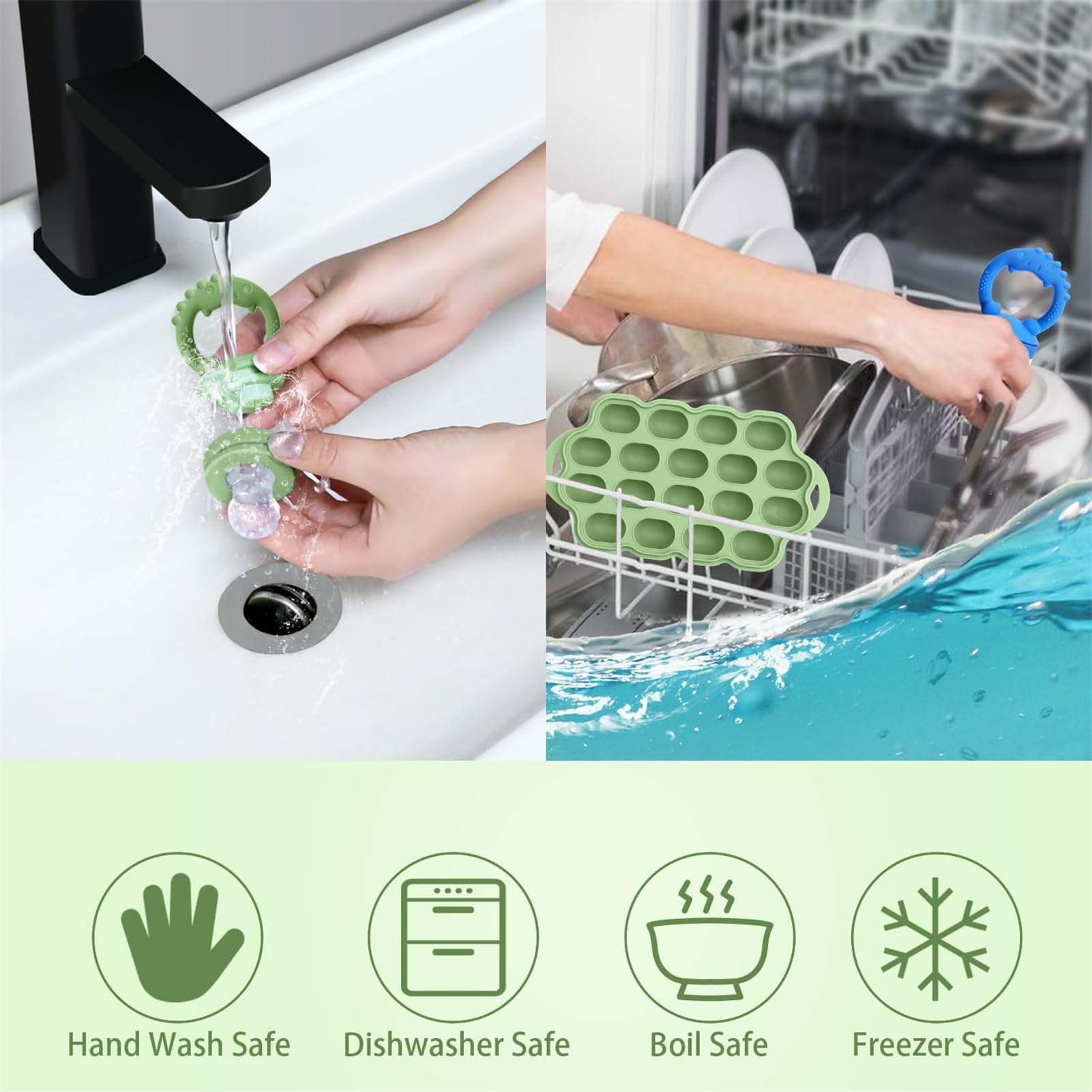 Organic Silicone Baby Fruit Feeder & Breastmilk Popsicle Molds - BPA Free Freezer Tray with Lid, 2 Pack Infant Teething Relief & Self Feeding Tool - Includes 6 Food Pacifiers (Green + Dark Blue) - Perfect for Introducing Solids, Soothing Sore Gums & Making Homemade Baby Food Popsicles