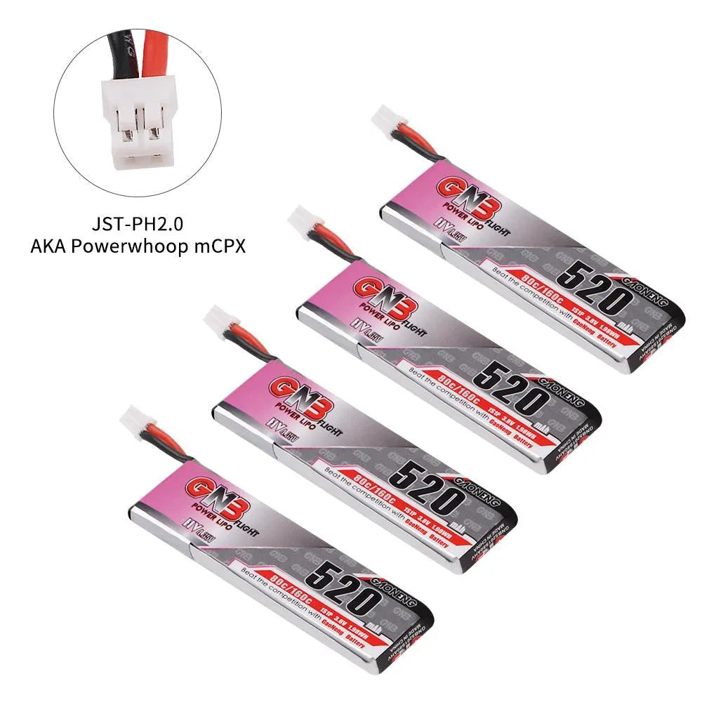 4pcs 520mAh 1S 3.8V High Voltage LiPo Battery 80C with JST PH 2.0 Connector for RC Drones, Quadcopters, and Mini Racing Cars