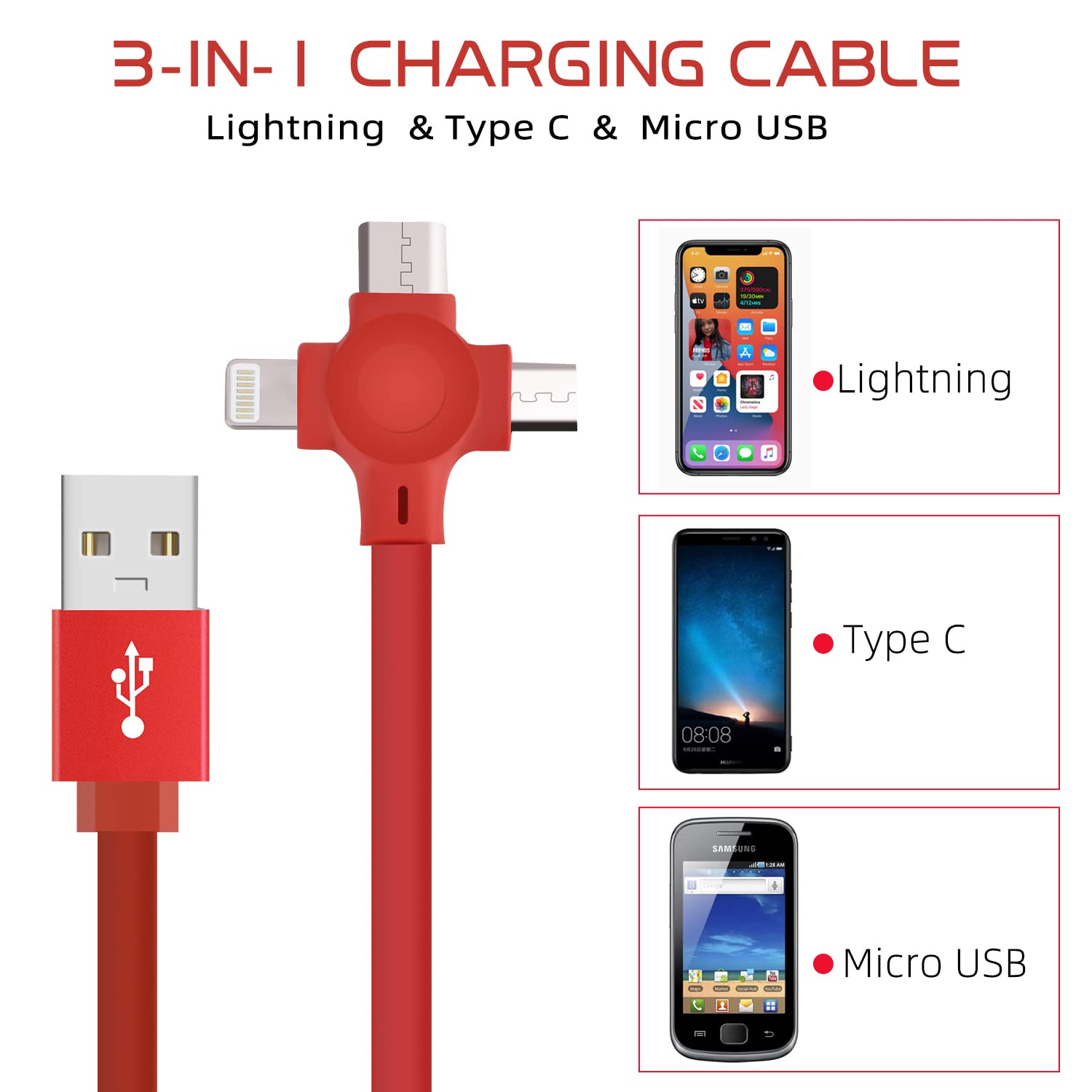 TEXXY 3-in-1 Retractable Charging Cable - Multi Charger for iPhone, Android, Laptop & Tablet - Portable Phone Holder & USB-C/Micro-USB/Lightning Cable - Perfect for Travel, Office & Home Use (Red)