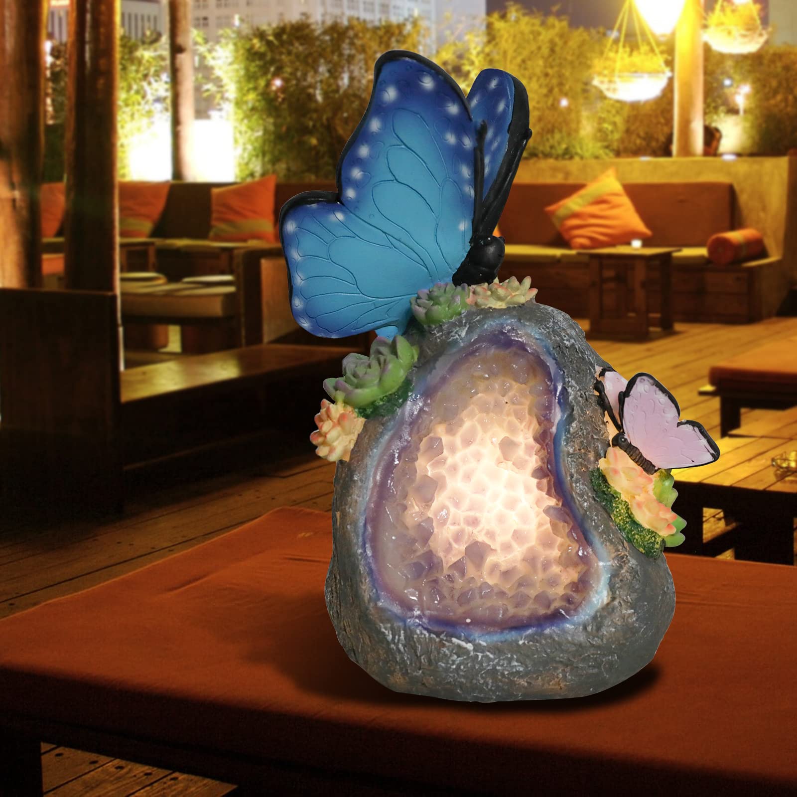Solar-Powered Butterfly Garden Statue - Outdoor Resin Geode Stone Figurine with LED Lights for Patio, Balcony, Lawn Decor | Perfect for Garden Parties, Wedding Decorations & Backyard Landscaping