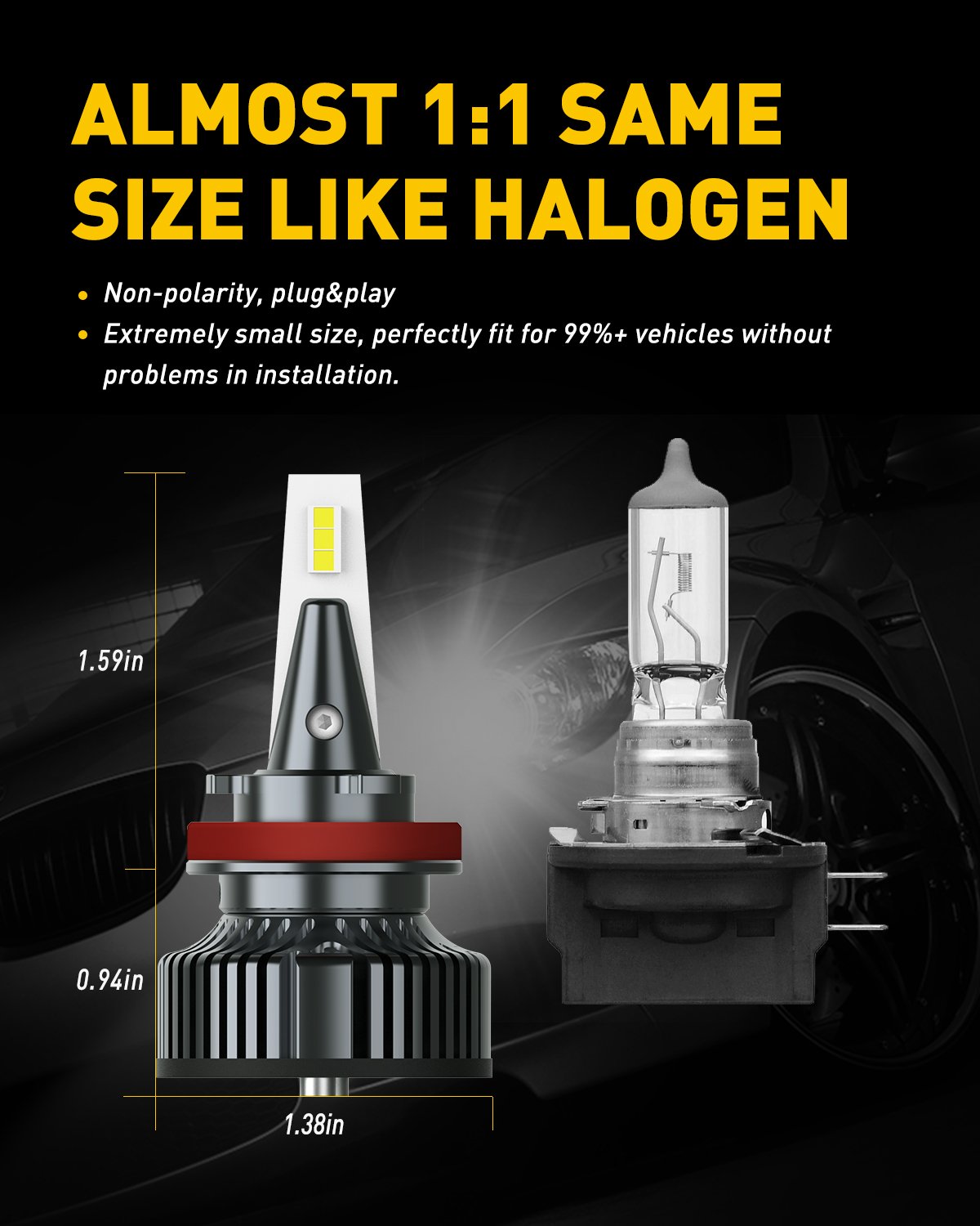 H11B LED Headlight Bulbs - 400% Brighter, Mini Size, 80W 16000LM Per Pair, CanBus Ready, Adjustable Beam - Perfect for Night Driving, Fog Lights, and Off-Road Vehicles
