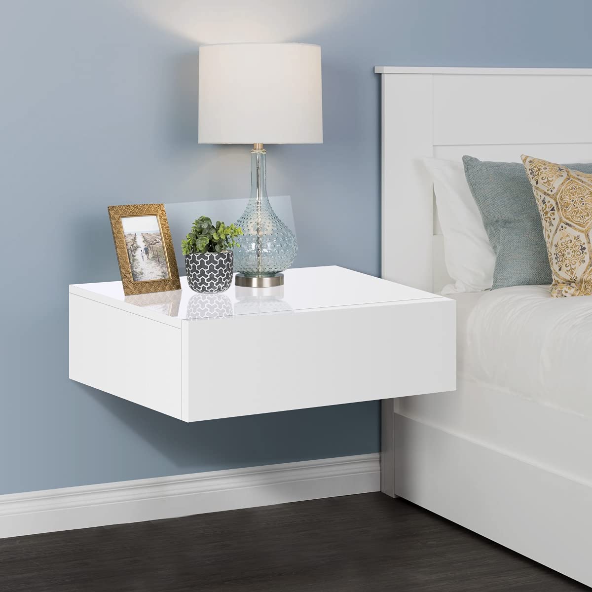 Modern Floating Nightstand Wall Shelf with Drawer - White Wall Mounted Bedside Table for Small Spaces | Perfect for Apartments, Dorms & Minimalist Bedrooms