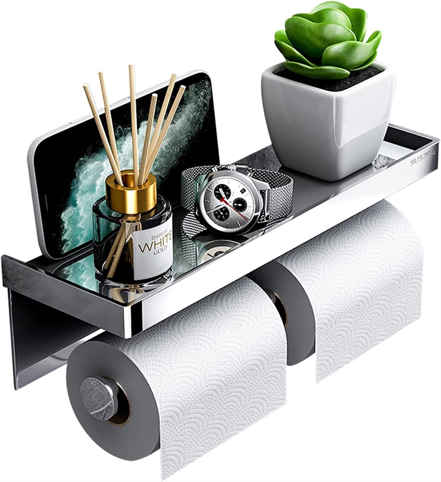 Stainless Steel Toilet Paper Holder - No Drill Adhesive Wall Mounted Bathroom & Kitchen Paper Towel Roll Holder with Shelf - Silver (Ideal for Small Spaces, RVs & Apartments)