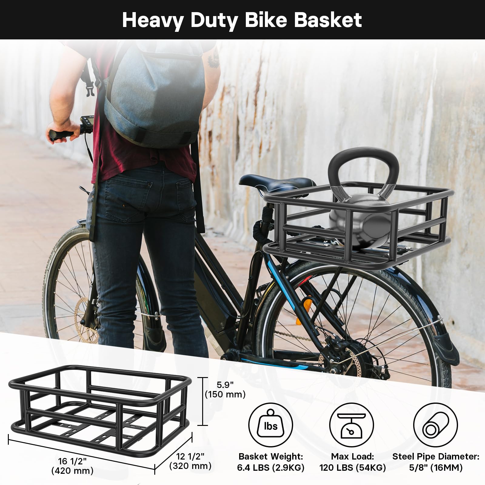 **Heavy Duty Rear Bike Basket with Liner, Elastic Net & Rain Cover – Large Metal Rear Rack Basket for Bicycle, E-Bike & Cargo Bike – Perfect for Commuting, Groceries & Outdoor Adventures**