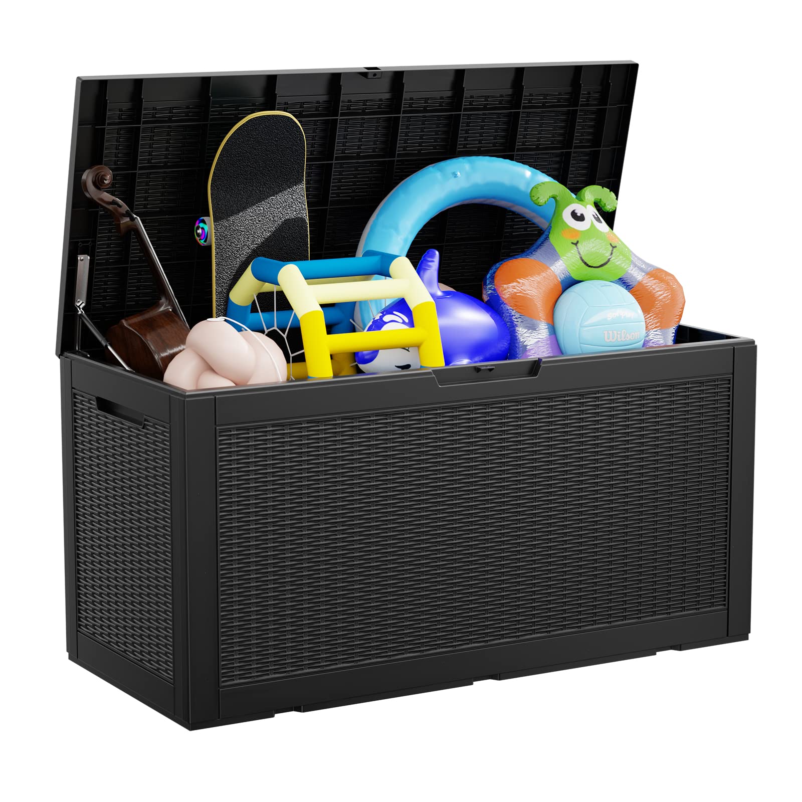Vixzen 100 Gallon Resin Deck Box - Lockable Outdoor Storage Container for Patio Cushions, Garden Tools & Pool Supplies | Weatherproof & UV Resistant Deck Storage Box | Perfect for Backyard, Patio & Poolside Organization (Black)