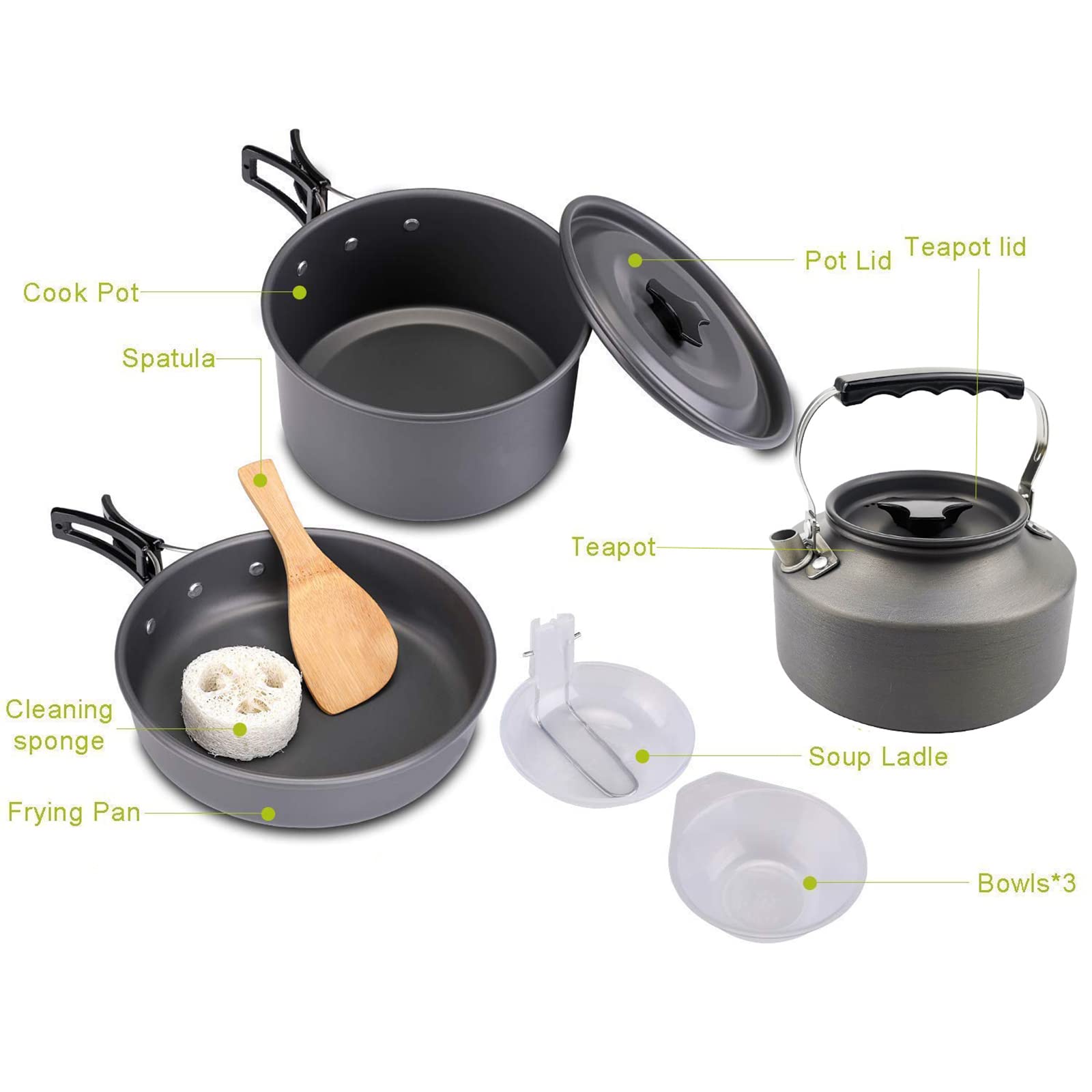 9-Piece Camping Cookware Set - Non-Stick Outdoor Cooking Pots, Teapot & Bowls - Lightweight Backpacking Mess Kit for Hiking, Picnic & Camping Trips | Perfect for RV, Survival & Outdoor Adventures