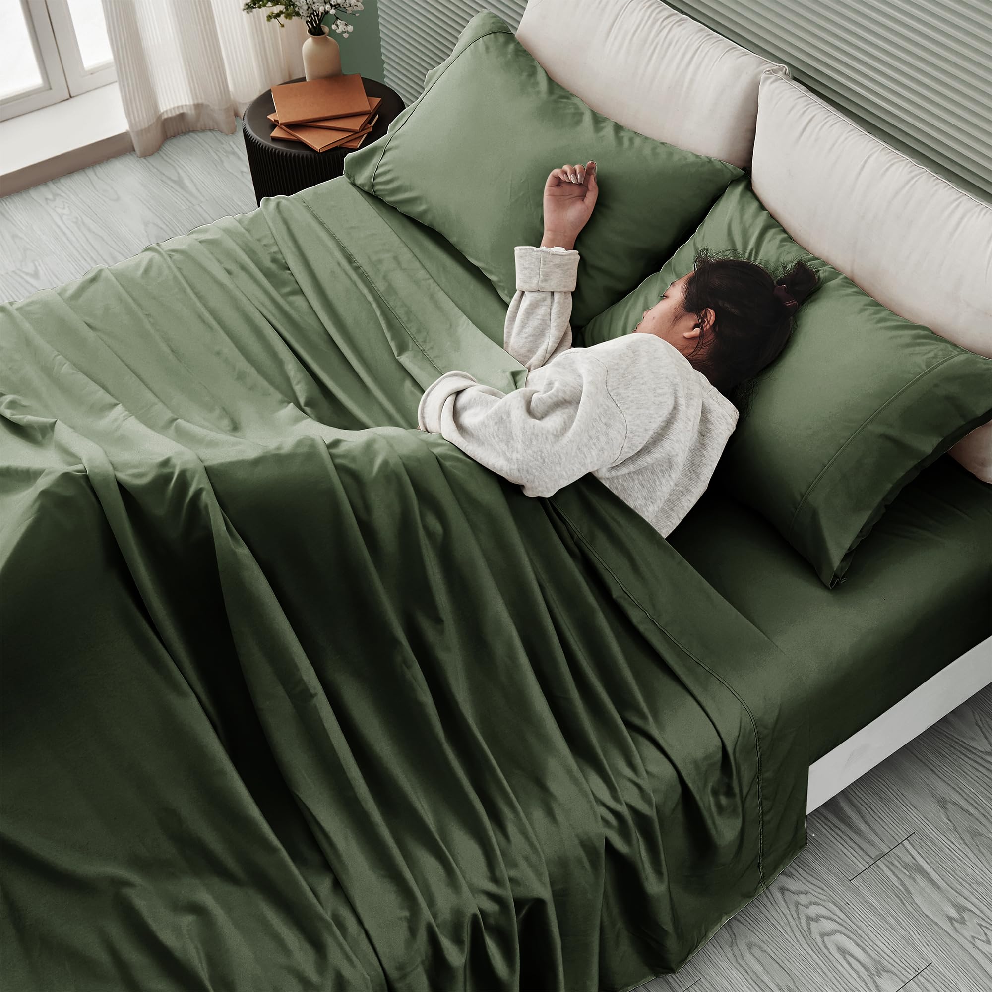 3 Piece Twin Bed Sheet Set - Silky Soft Bamboo Rayon Blend Cooling Sheets | Wrinkle Resistant & Breathable for Hot Sleepers | Perfect for Summer Nights & Guest Rooms (Moss Green)