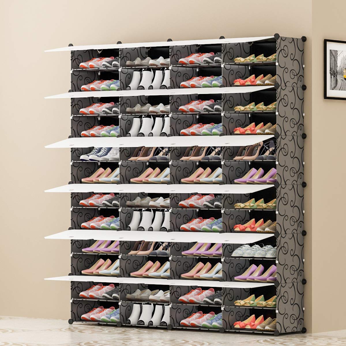 Aeitc 96 Pairs Expandable Shoe Rack Organizer - Space Saving Stackable Shoe Storage Cabinet with Hooks & Side Shelf for Entryway, Closet, Bedroom - White Door Shoe Shelf for Small Spaces & Home Organization