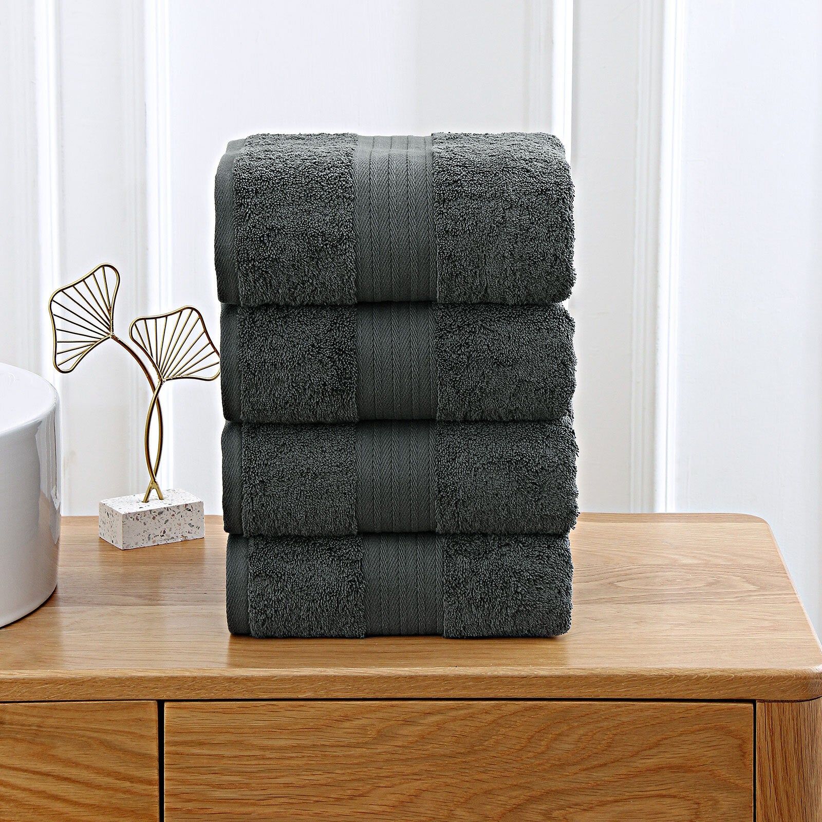 Linenland 4-Piece Premium Cotton Bath Towel Set - Ultra Soft & Absorbent - Charcoal Gray - Perfect for Spa, Bathroom & Beach Use