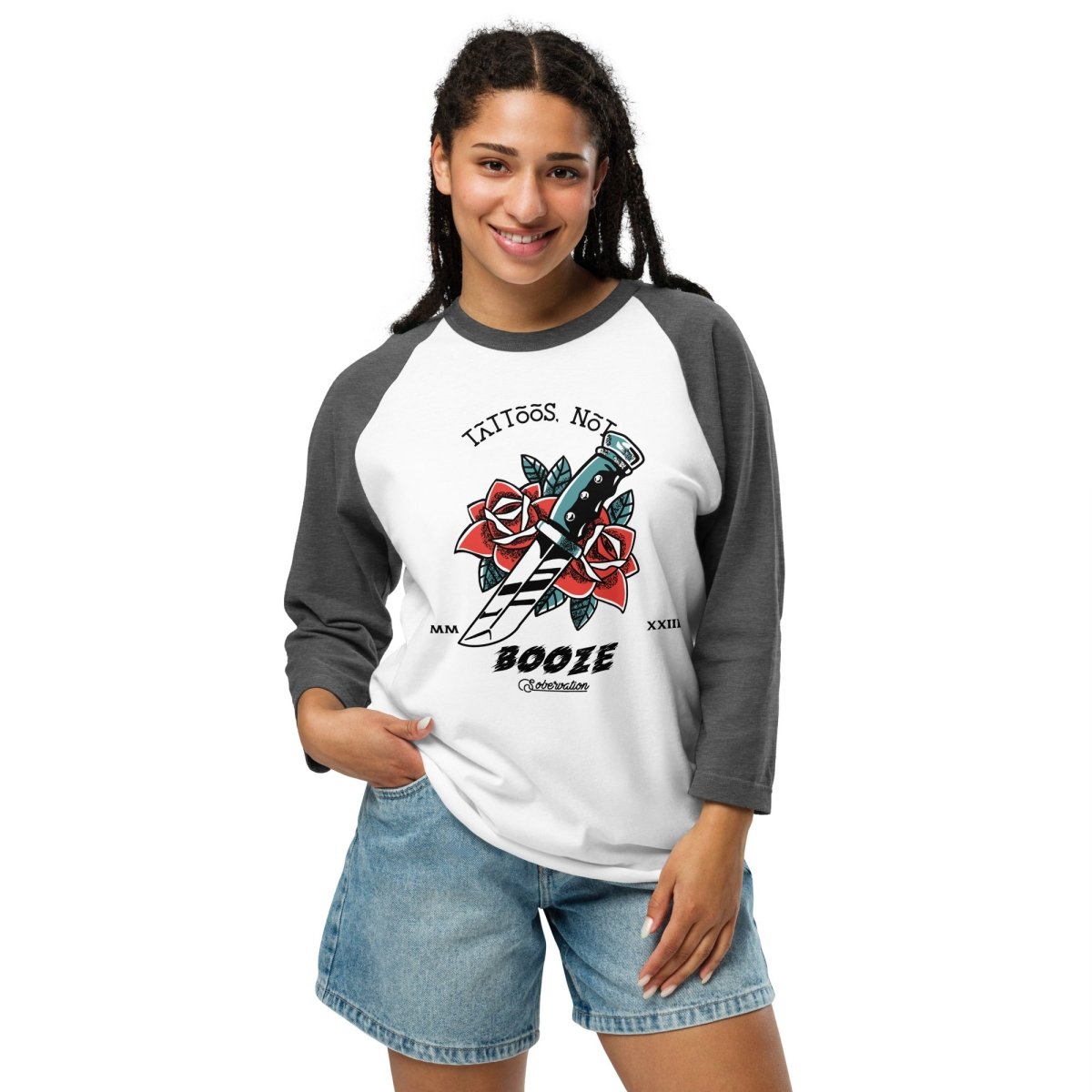 Rose Dagger Design 3/4 Sleeve Raglan Shirt for Tattoo Lovers - Stylish Casual Wear for Tattoo Shops, Concerts & Alternative Fashion