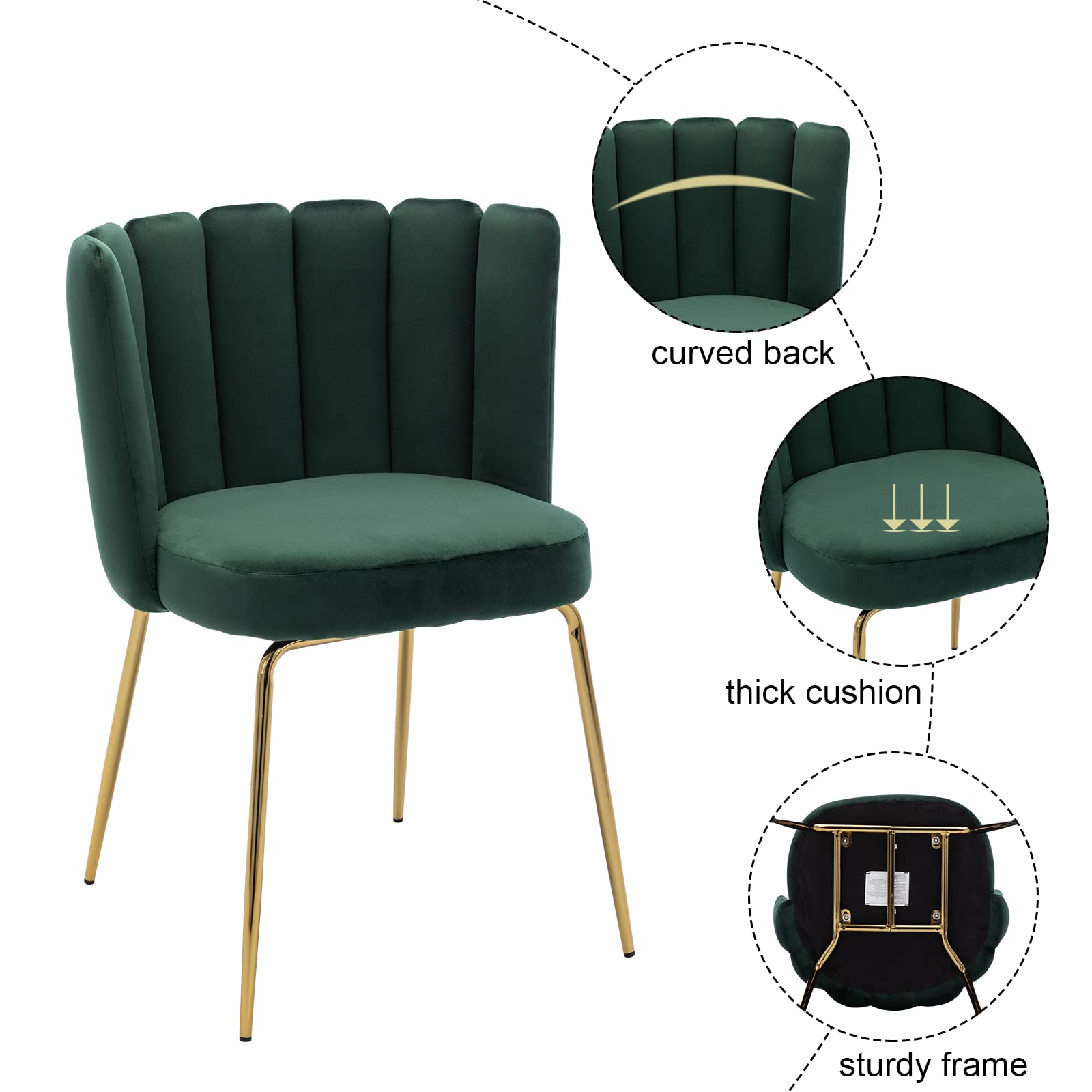 4-Piece Velvet Dining Chair Set - Modern Upholstered Accent Chairs with Curved Back & Gold Metal Legs for Kitchen, Bedroom, Living Room | Dark Green Comfortable Seating for Home Decor & Entertaining