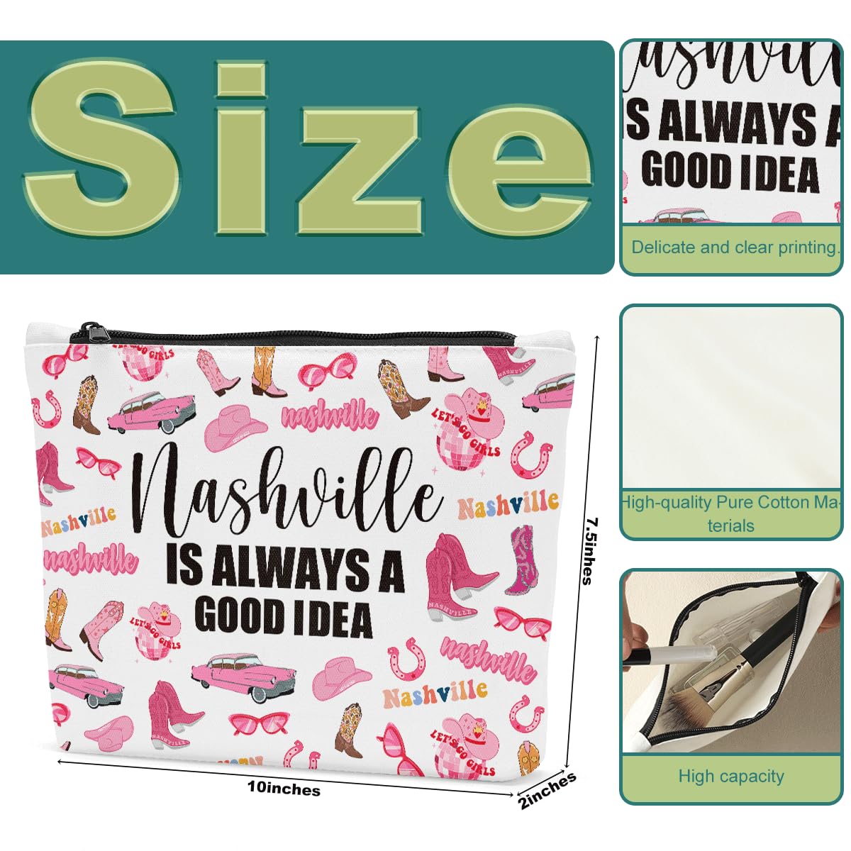 Funny Nashville Themed Travel Makeup Bag - Cute Cosmetic Organizer for Girls Trips, Vacation Essentials & Holiday Gifts for Women | Perfect for Travel Lovers, Bachelorette Parties & Road Trips