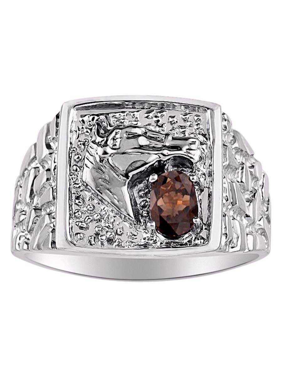 Sterling Silver Men's Ring with 6X4MM Oval Smoky Quartz & Genuine Diamond - Lucky Nugget Horse Head Design - June Birthstone Jewelry for Men (Sizes 8-13) - Perfect for Gifts, Weddings & Everyday Wear