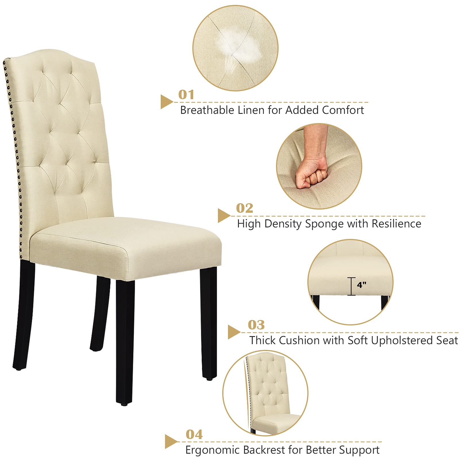 4-Piece Fabric Dining Chair Set - Upholstered Accent Chairs with Solid Wood Legs & Tall Back, Tufted Parsons Style for Kitchen, Dining Room, Office - Comfortable Beige Seating for Home & Restaurant Use