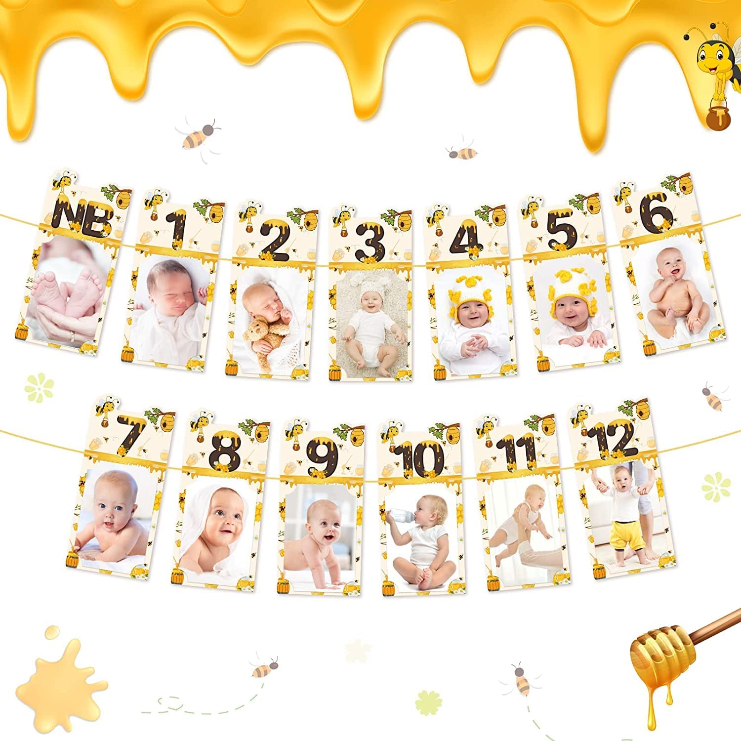 1st Birthday Girl & Boy Decorations - Bumble Bee Theme Baby Photo Banner for Newborn to 12 Months | Perfect for Bee-Themed Birthday Parties, Baby Showers & Nursery Decor