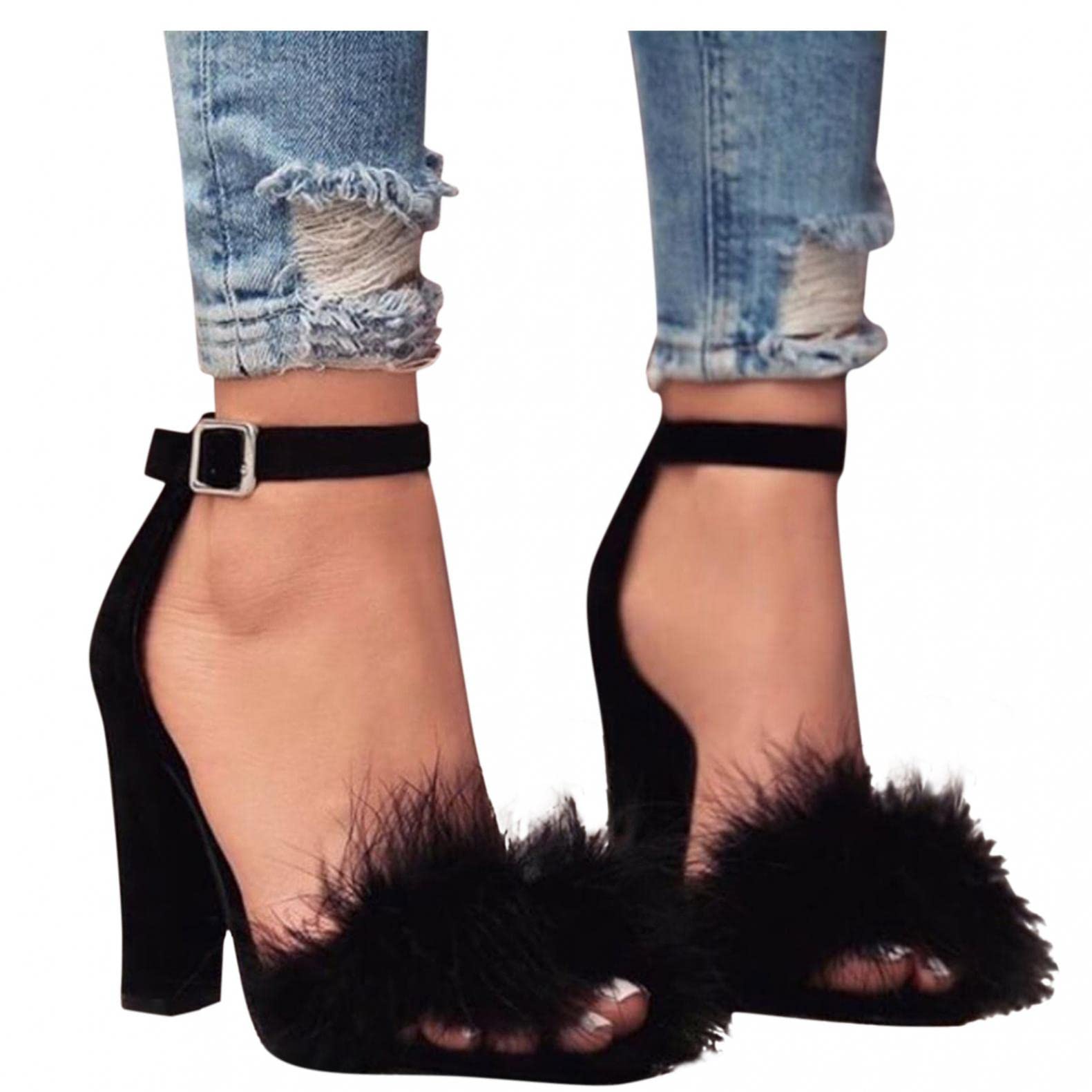 Sexy Strappy High Heel Sandals for Women - Chunky Heel Fuzzy Ankle Strap Party Pumps - Perfect for Night Out, Club, Date Night & Special Occasions