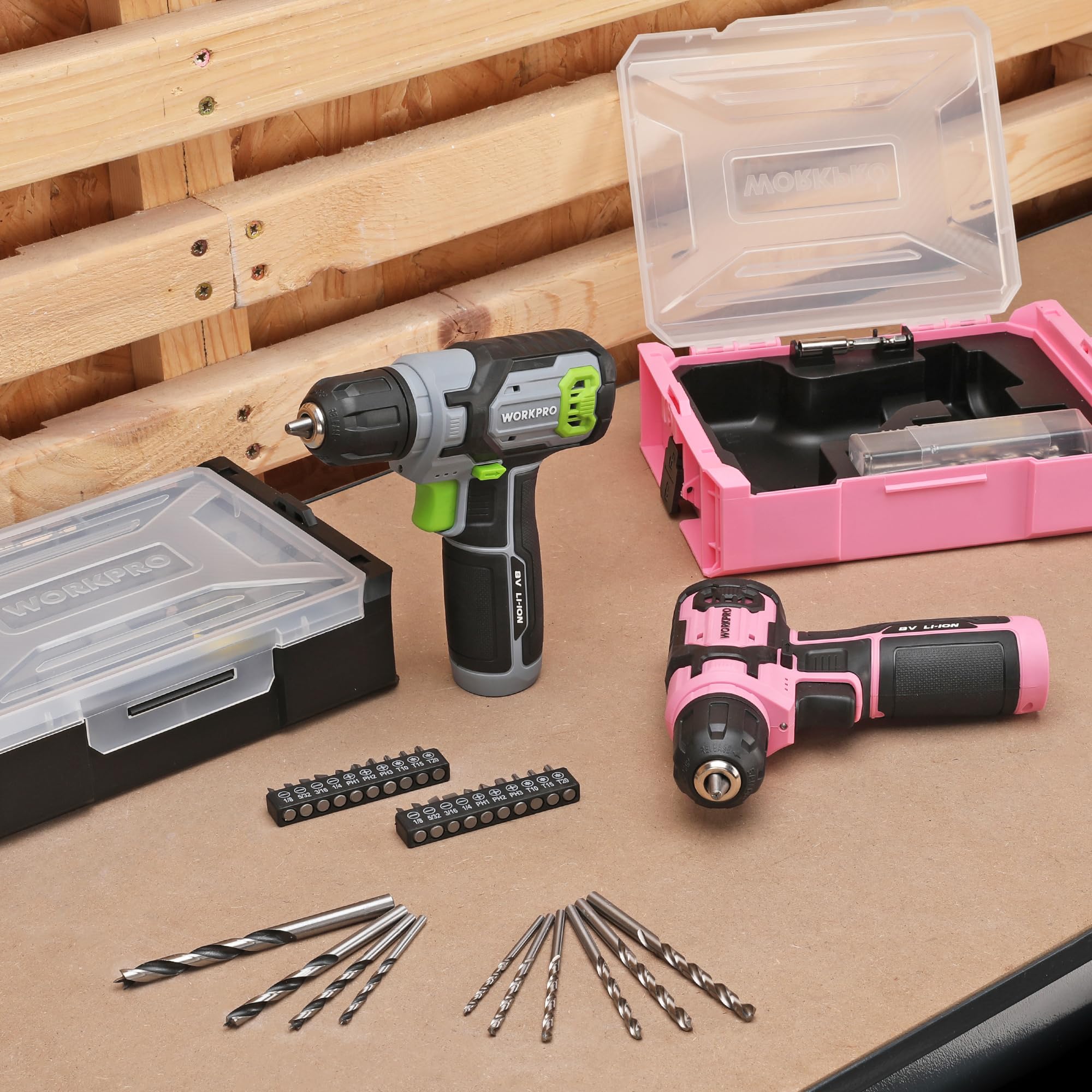WORKPRO 8V Cordless Drill Driver Kit with Stackable Tool Box, 2.0Ah Battery & 3/8