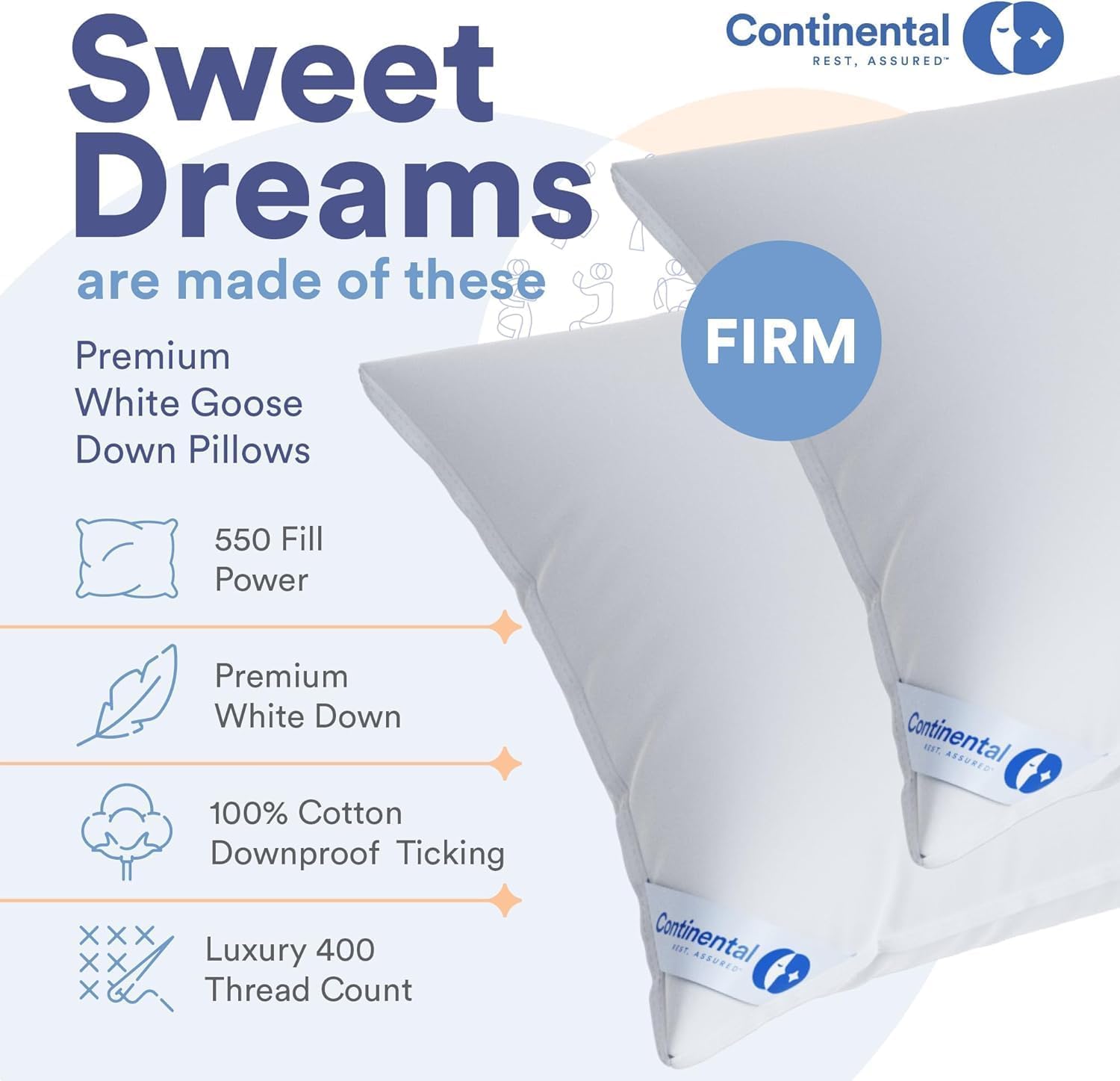 Premium 100% Luxury Down Pillows 550 Fill Power - Firm Support, Standard Size (Pack of 1) White - Perfect for Back Sleepers & Hotel-Style Comfort