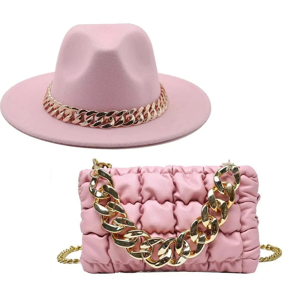 Stylish Women's Luxury Fedora Hat & Oversized Chain Handbag Set - Fashionable Accessories for Parties, Weddings & Daily Outfits