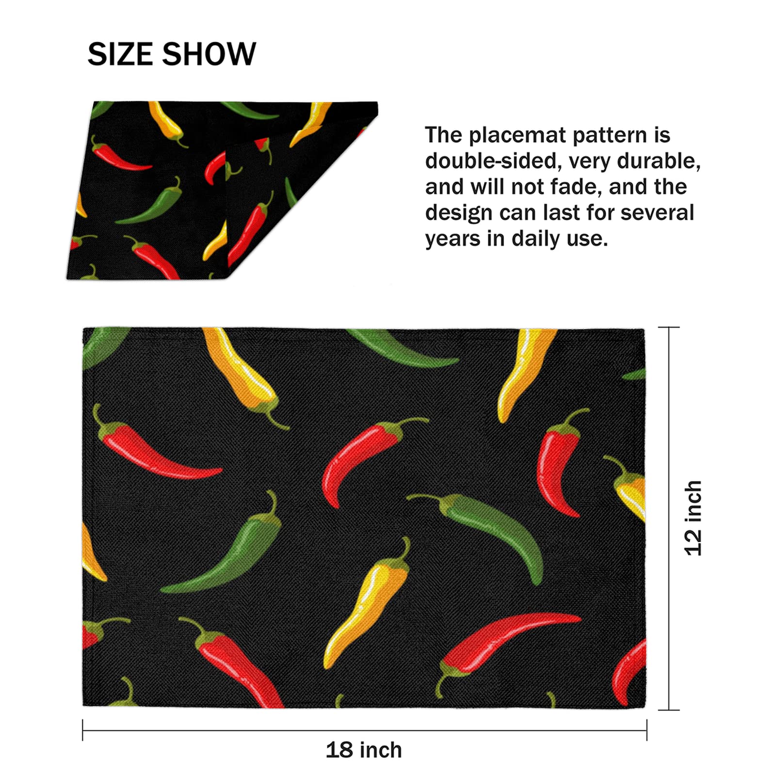 Vibrant Chili Pepper Placemats Set of 6 - Red, Yellow & Green Double-Sided Heat-Resistant Table Mats - Washable Kitchen Decor for Holiday Parties, Farmhouse Dining & Everyday Use