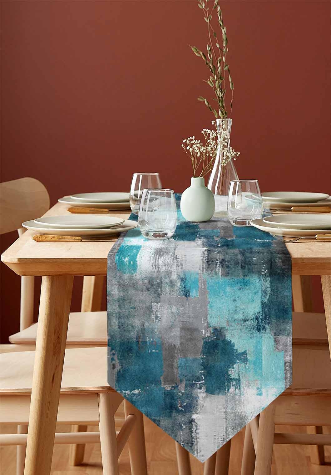 Turquoise Grey Burlap Table Runner 13x70 Inch - Farmhouse Style Modern Abstract Art Table Decor for Kitchen Dining Room - Perfect for Family Gatherings, Holiday Dinners & Rustic Home Decor