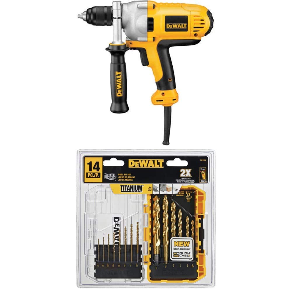 DEWALT DWD215G 10-Amp 1/2-Inch Mid-Handle Grip Power Drill with DW1354 14-Piece Titanium Drill Bit Set - Perfect for Woodworking, Metal Drilling & DIY Home Improvement Projects