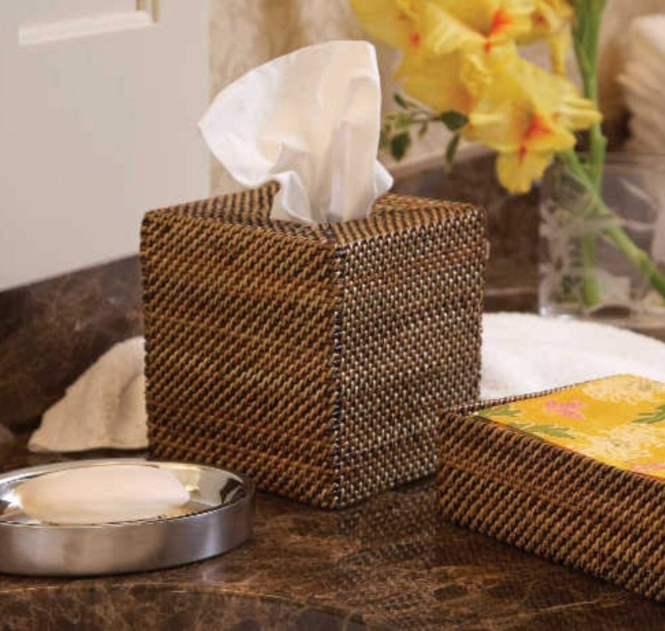Square Bottomless Woven Tissue Box Cover - 5.25 Inch Decorative Home Organizer for Living Room, Bathroom & Office | Stylish Tissue Holder for Kleenex & Paper Napkins