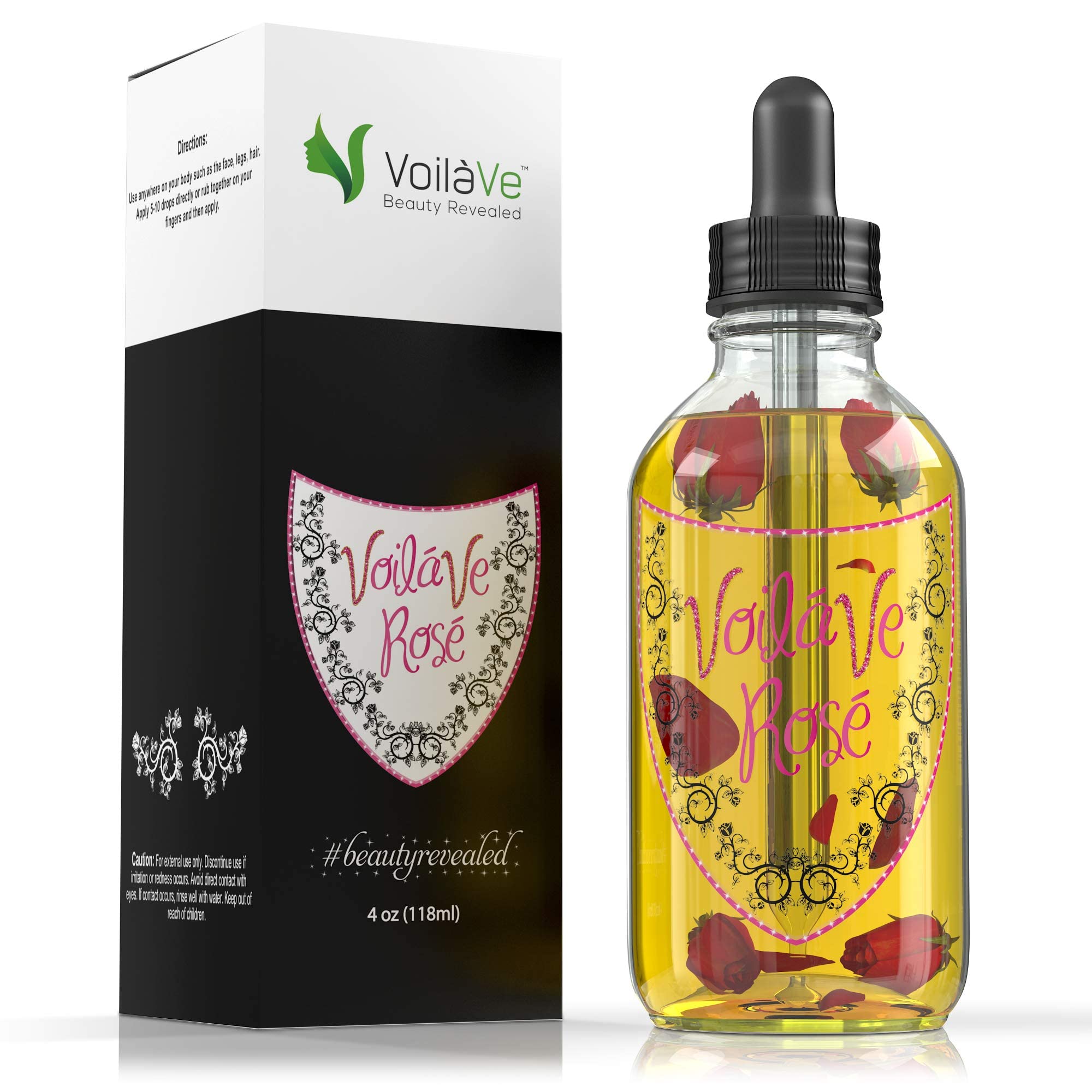 VoilaVe Organic Rose Oil for Face, Body & Hair - Natural Moisturizer for Dry Skin, Scalp, Nails & Cuticles - Anti-Aging Treatment Reduces Wrinkles, Scars & Stretch Marks - Infused with Rose Petals & Bergamot Essential Oil - 4 Fl Oz - Perfect for Daily Skincare, Massage & Aromatherapy