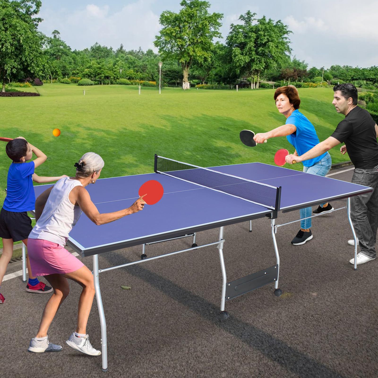 8×4 FT Foldable & Portable Ping Pong Table Set with 2 Paddles, 3 Balls & Net - Indoor/Outdoor Table Tennis for Backyard, Game Room & Family Fun