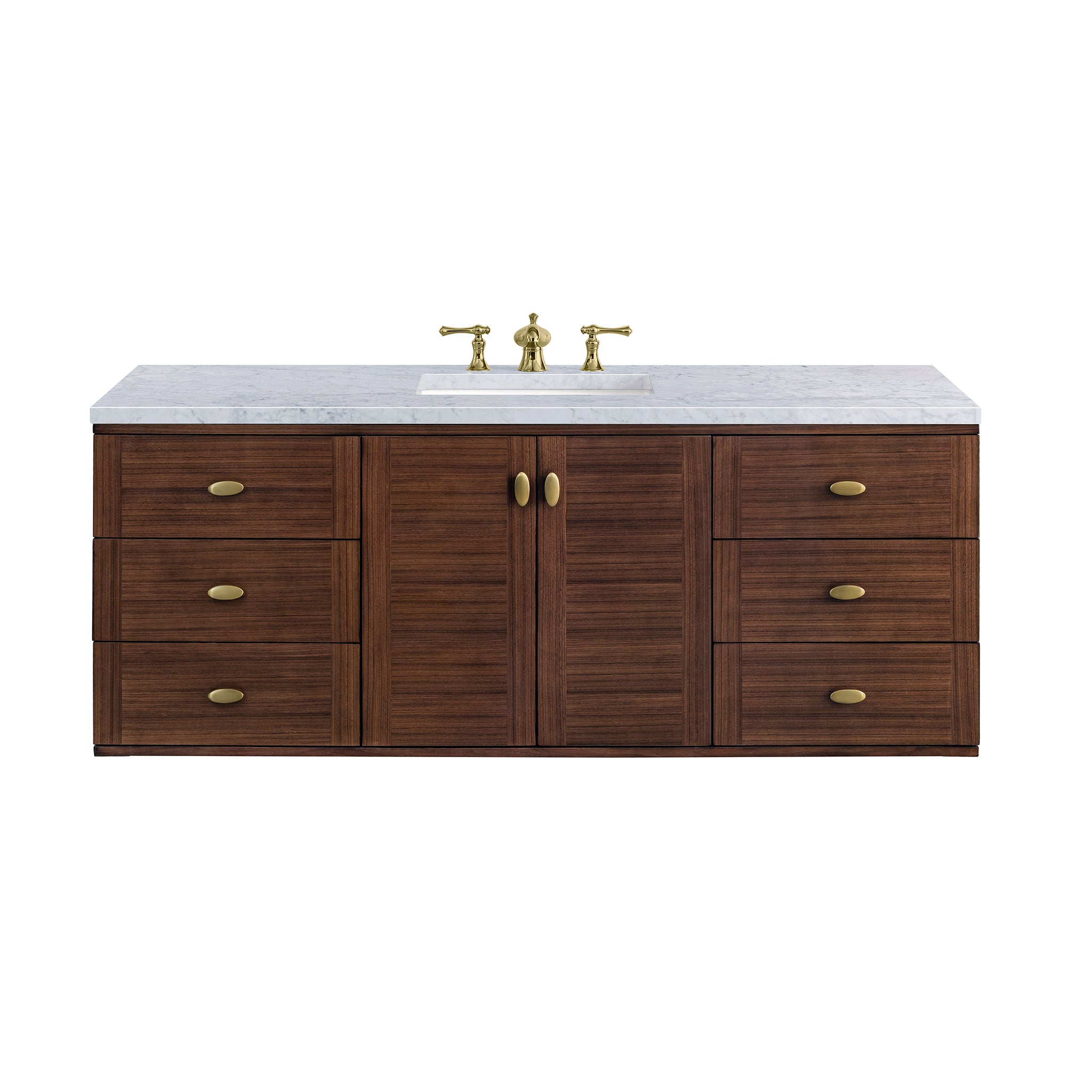 Amberly 60 Inch Single Bathroom Vanity with Carrara Marble Top - Mid Century Modern Walnut Vanity for Small Bathrooms - Perfect for Master Bath, Guest Bath & Powder Room Remodeling