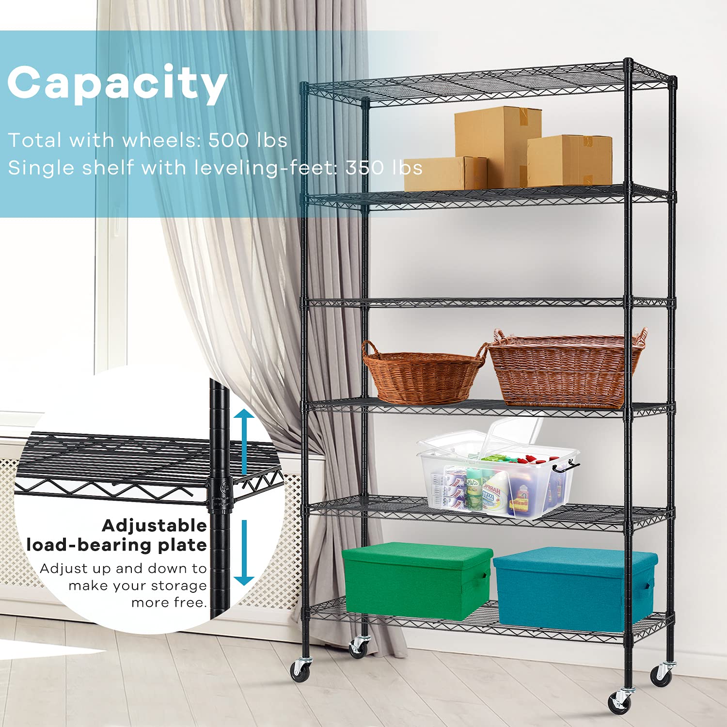 HCY 6-Tier Heavy Duty Metal Shelving Unit, 82x48x18 Adjustable Steel Wire Shelves with Casters - Sturdy Garage Storage for Pantry, Kitchen, Warehouse & Workshop Organization (Black)