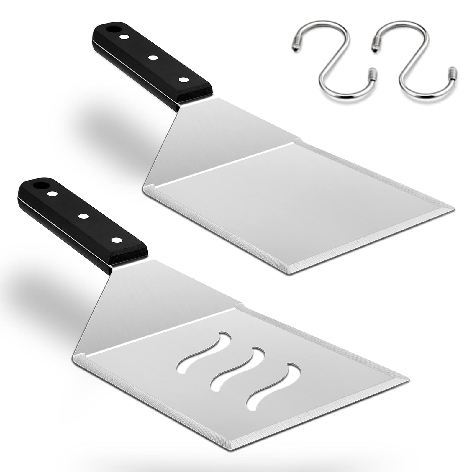 Premium Stainless Steel Spatula Set - Heavy Duty BBQ Griddle Turner, Hamburger Flipper & Pancake Spatula with Ergonomic ABS Handle for Teppanyaki, Flat Top Grill, Outdoor Cooking - Dishwasher Safe & Includes 2 Hooks for Storage - Perfect for Backyard BBQs, Camping & Commercial Kitchen Use